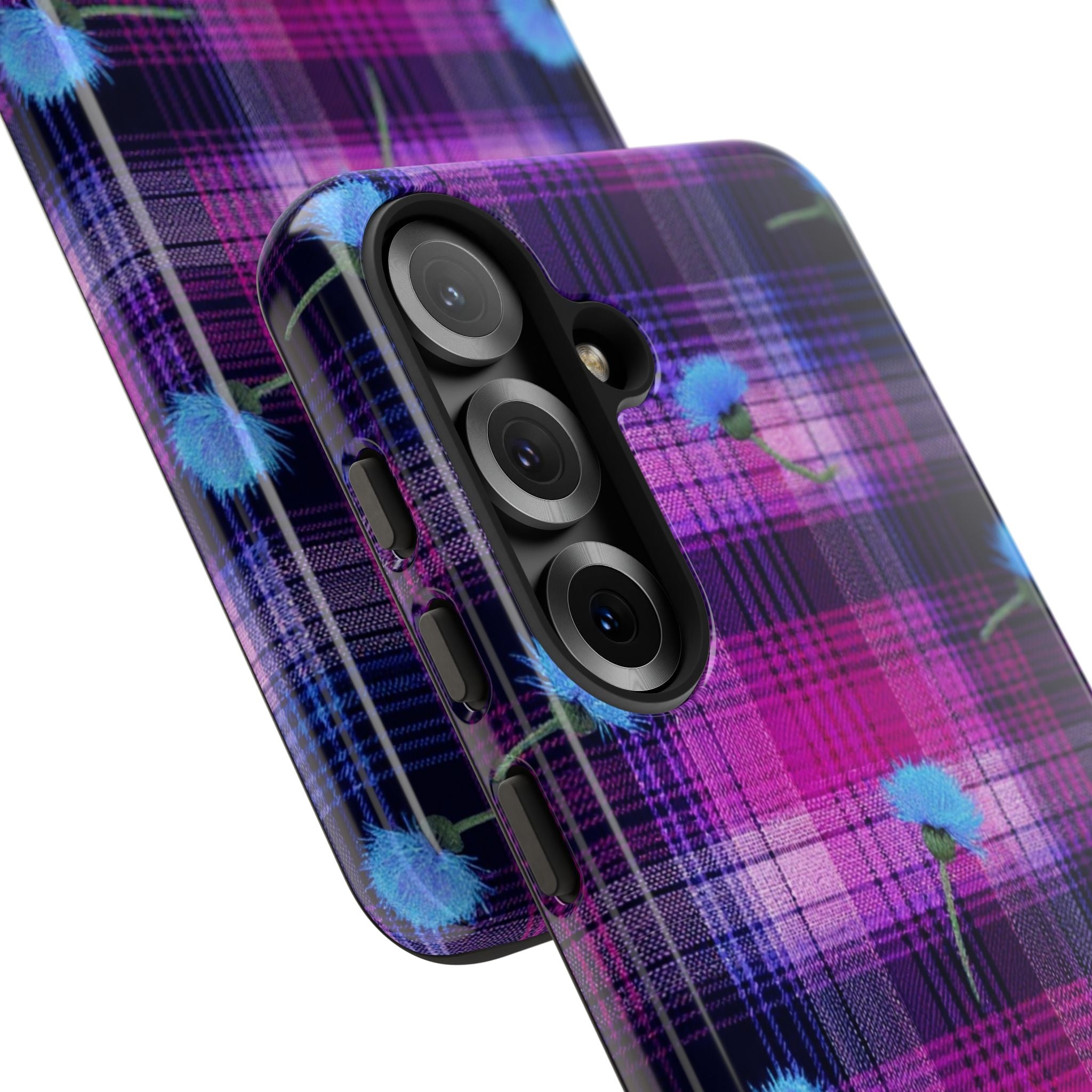 Purple Plaid Blue Thistle Tartan Phone Case — Floral Plaid Protective iPhone Cover