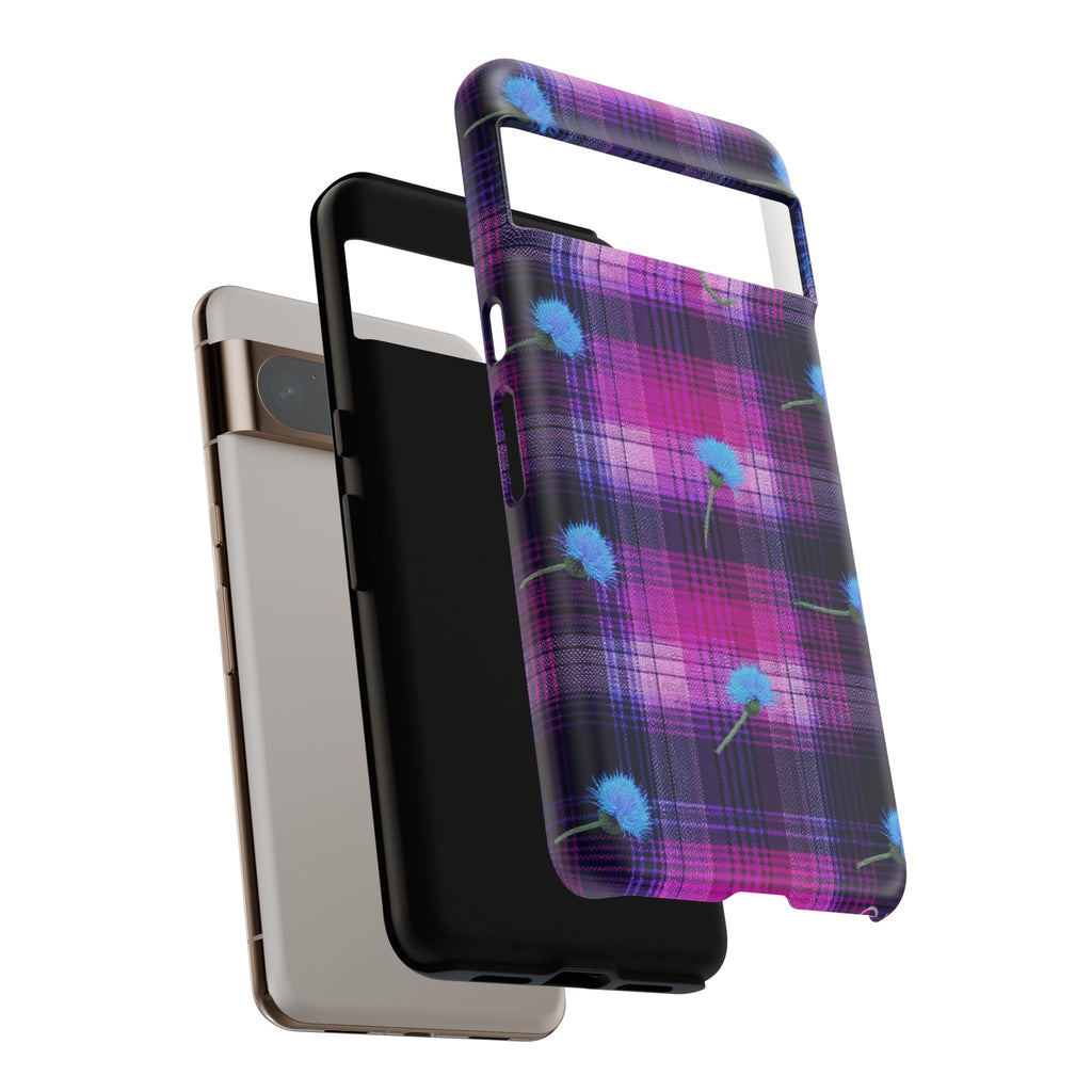 Purple Plaid Blue Thistle Tartan Phone Case — Floral Plaid Protective iPhone Cover