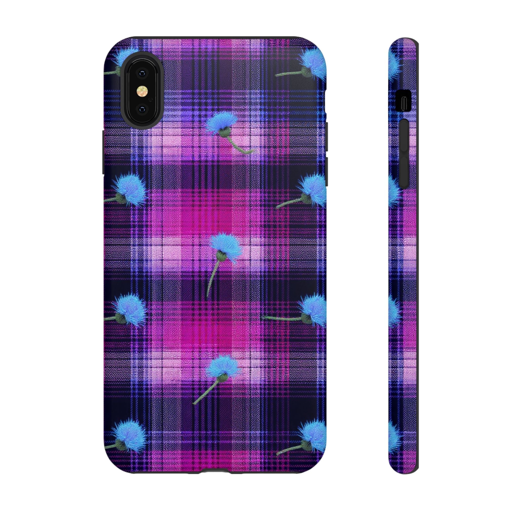 Purple Plaid Blue Thistle Tartan Phone Case — Floral Plaid Protective iPhone Cover