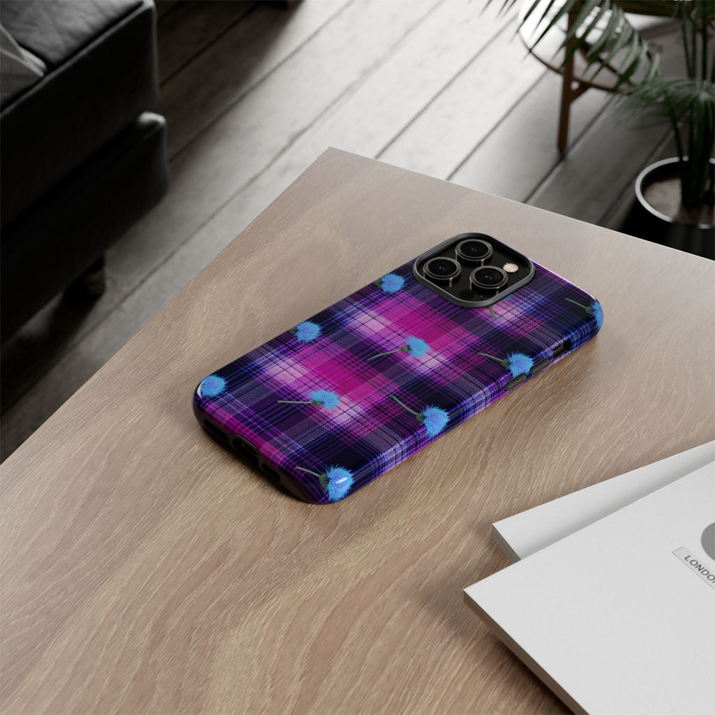 Purple Plaid Blue Thistle Tartan Phone Case — Floral Plaid Protective iPhone Cover