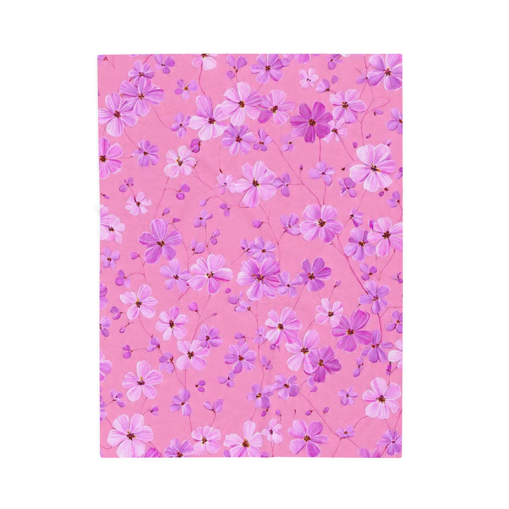 Pink Floral Velveteen Plush Blanket — Soft Cherry Blossom Throw