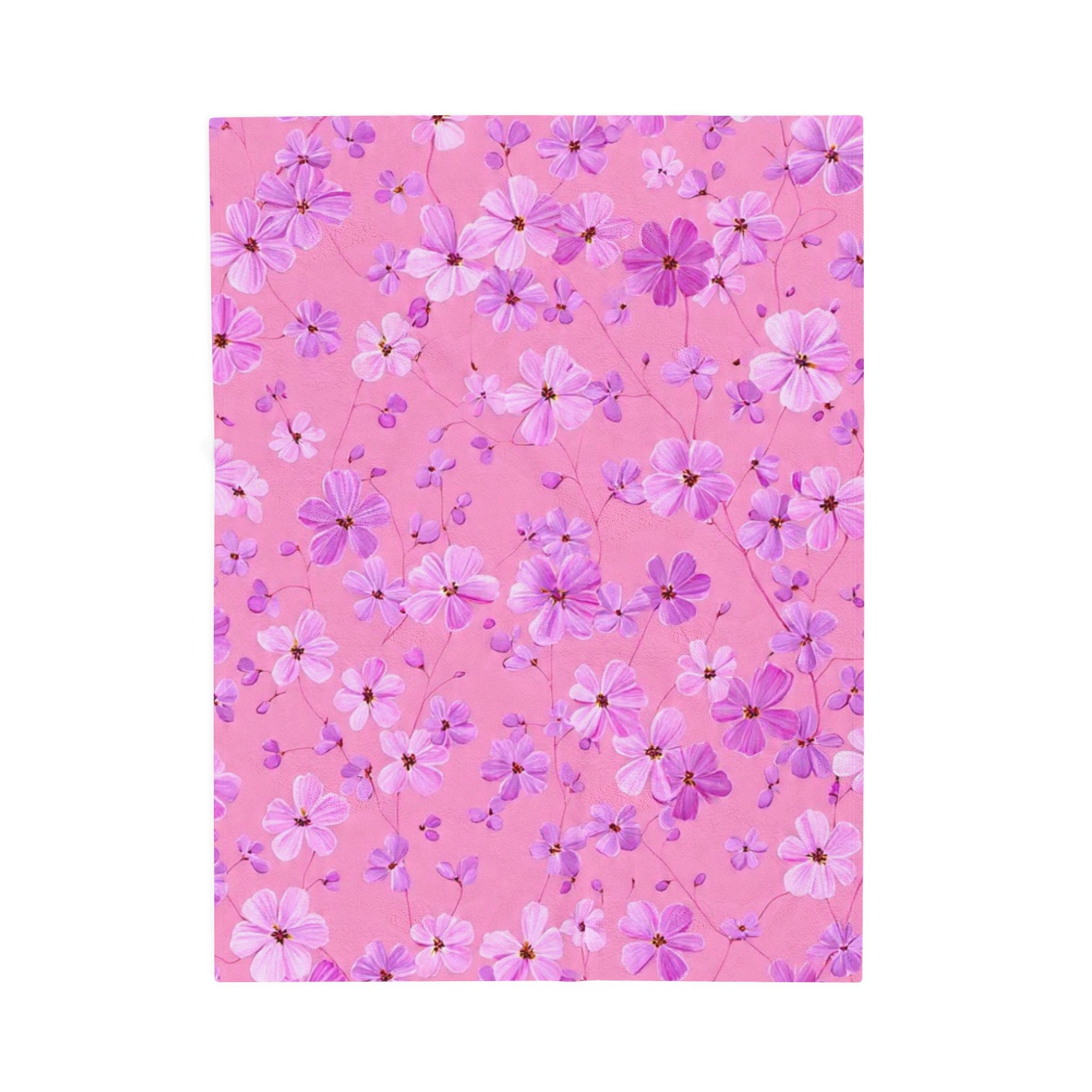 Pink Floral Velveteen Plush Blanket — Soft Cherry Blossom Throw