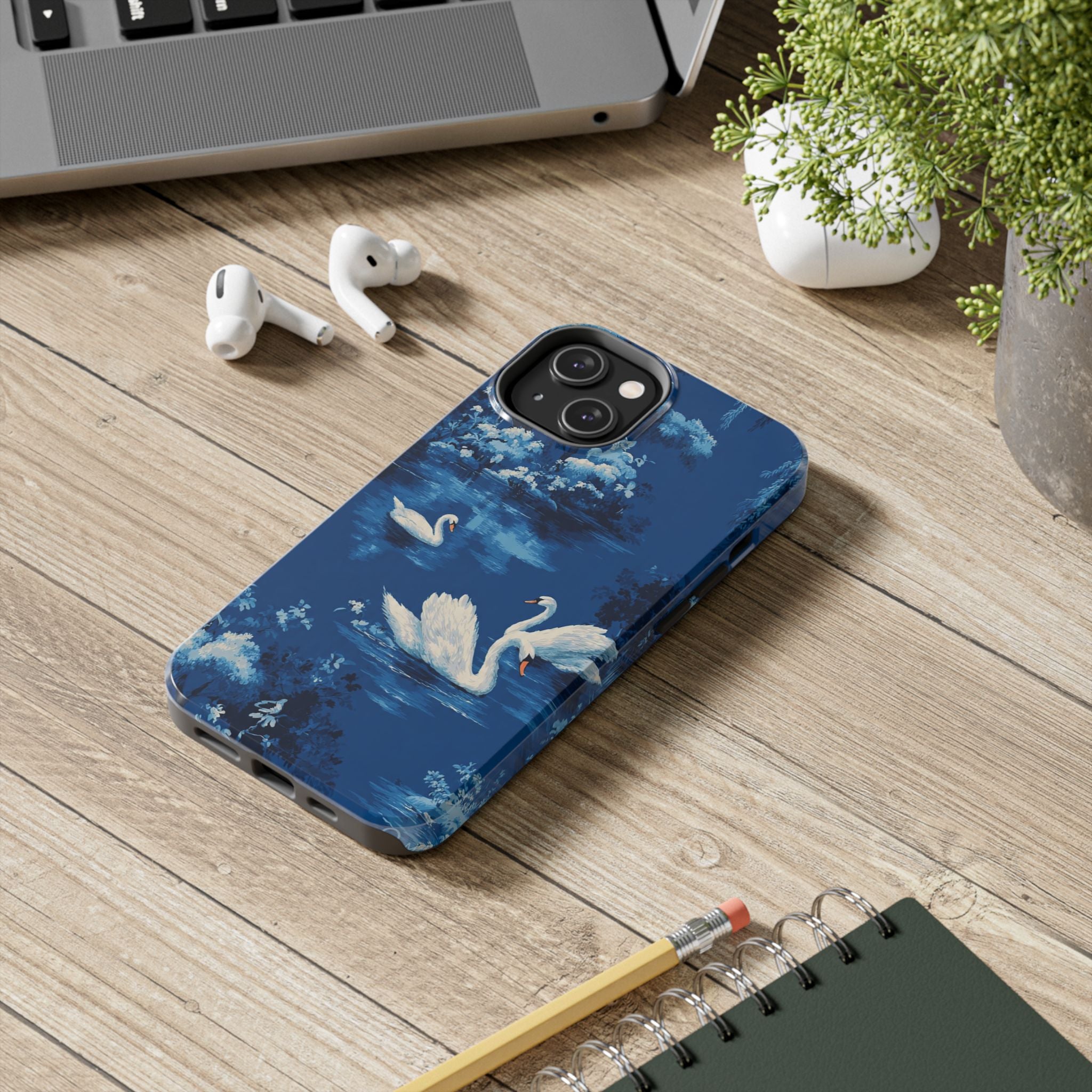 Swan Lake Tough Phone Case — Blue Vintage Swan Design, Durable Protective Cover