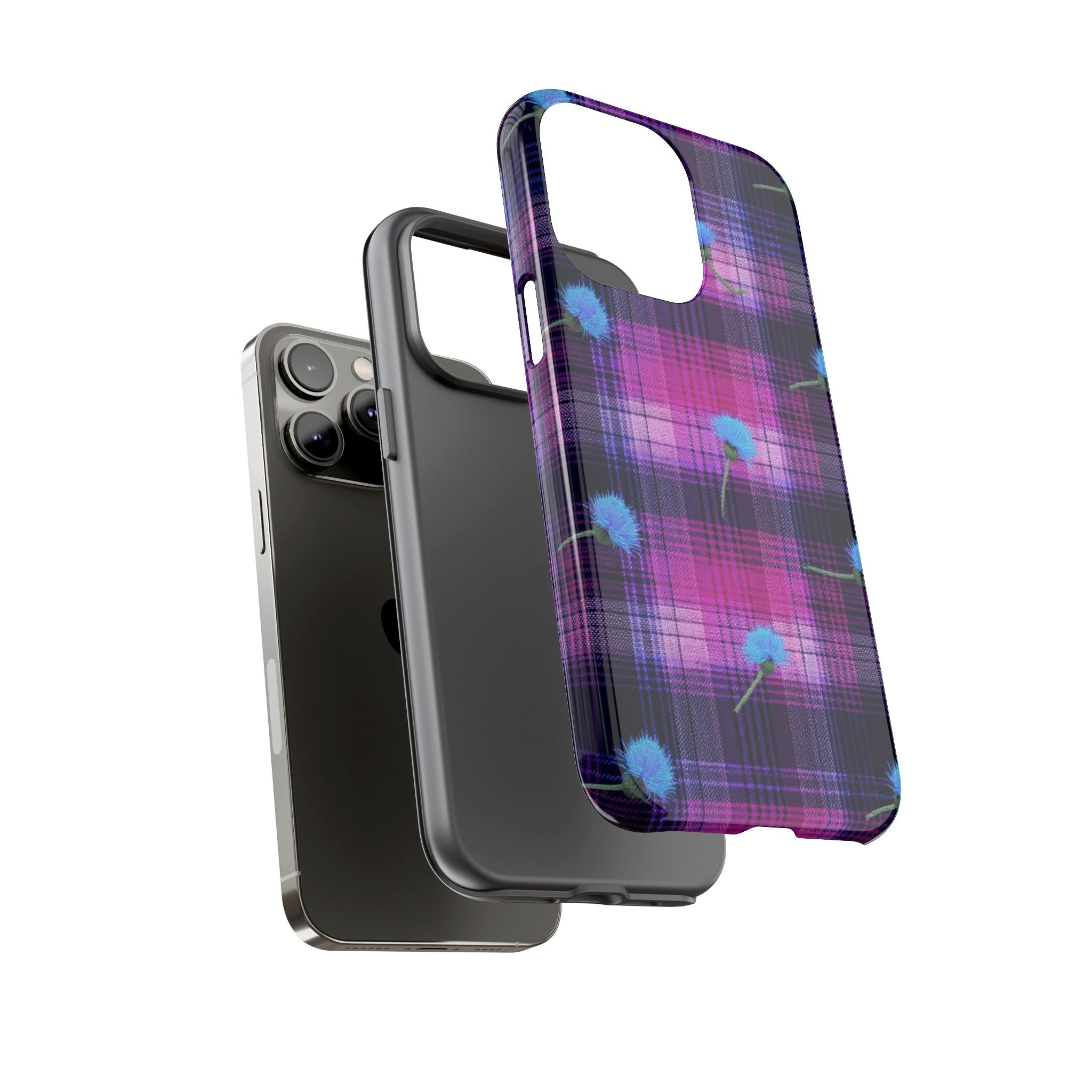 Purple Plaid Blue Thistle Tartan Phone Case — Floral Plaid Protective iPhone Cover