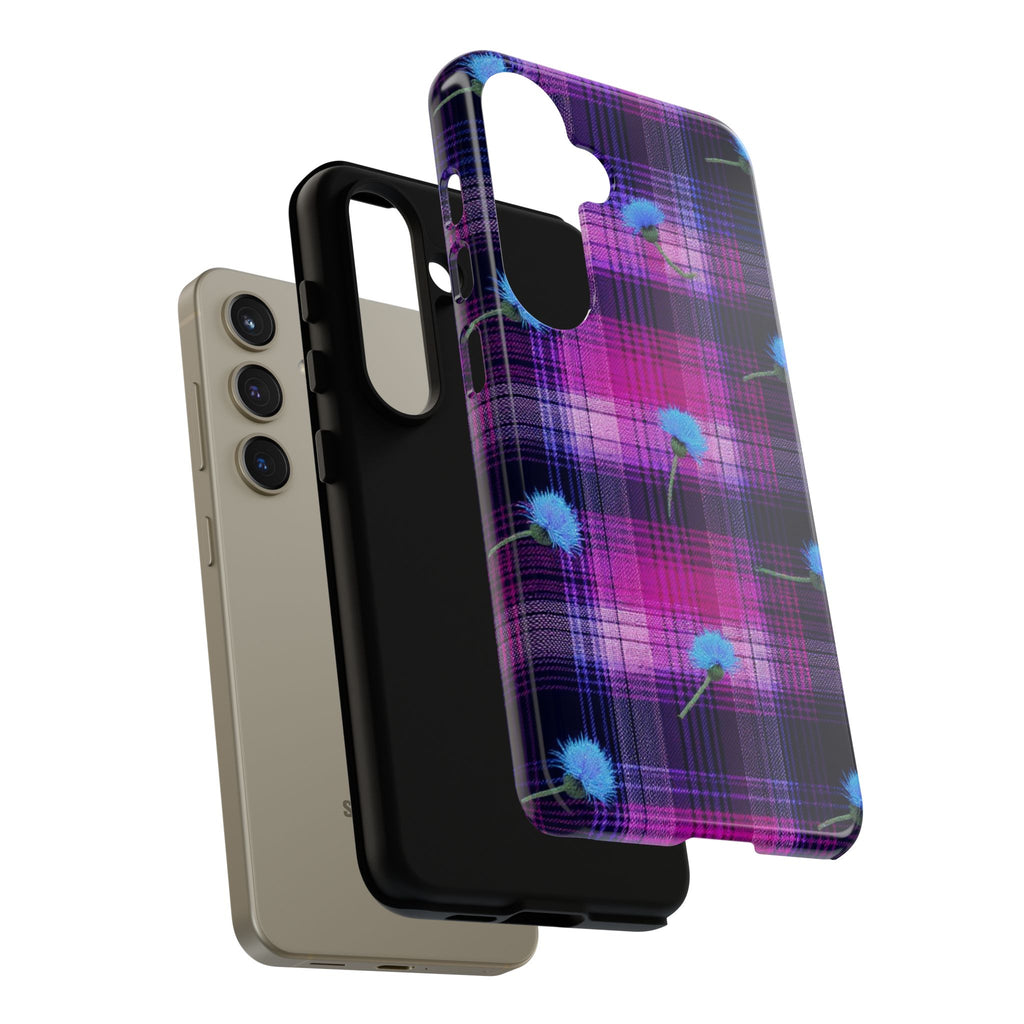 Purple Plaid Blue Thistle Tartan Phone Case — Floral Plaid Protective iPhone Cover