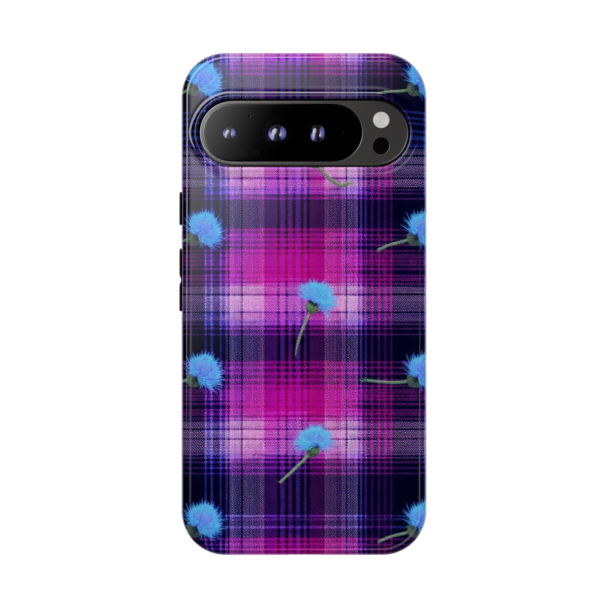 Purple Plaid Blue Thistle Tartan Phone Case — Floral Plaid Protective iPhone Cover