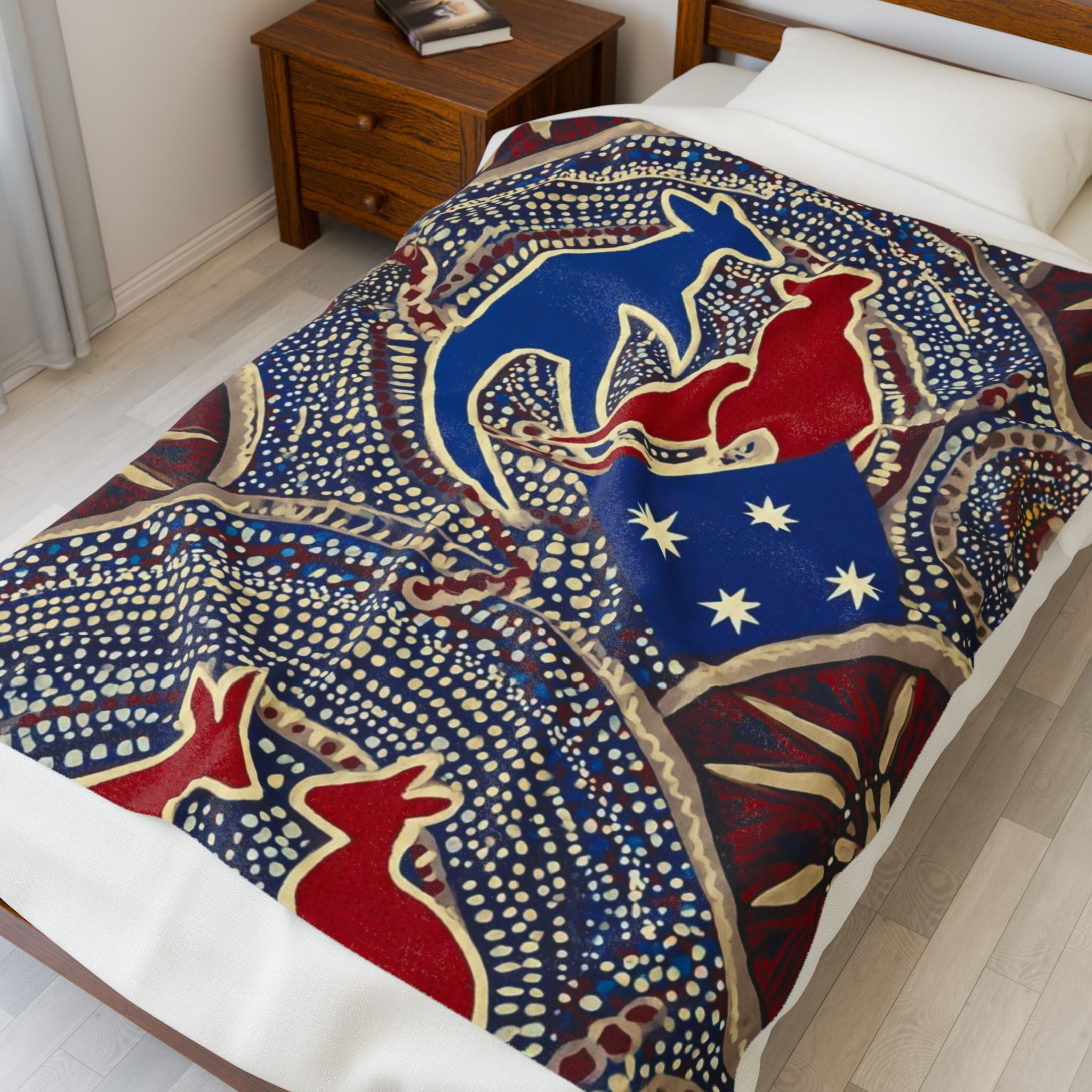 Australian Kangaroo Flag Velveteen Plush Blanket - Cozy Indigenous Dot Art Throw
