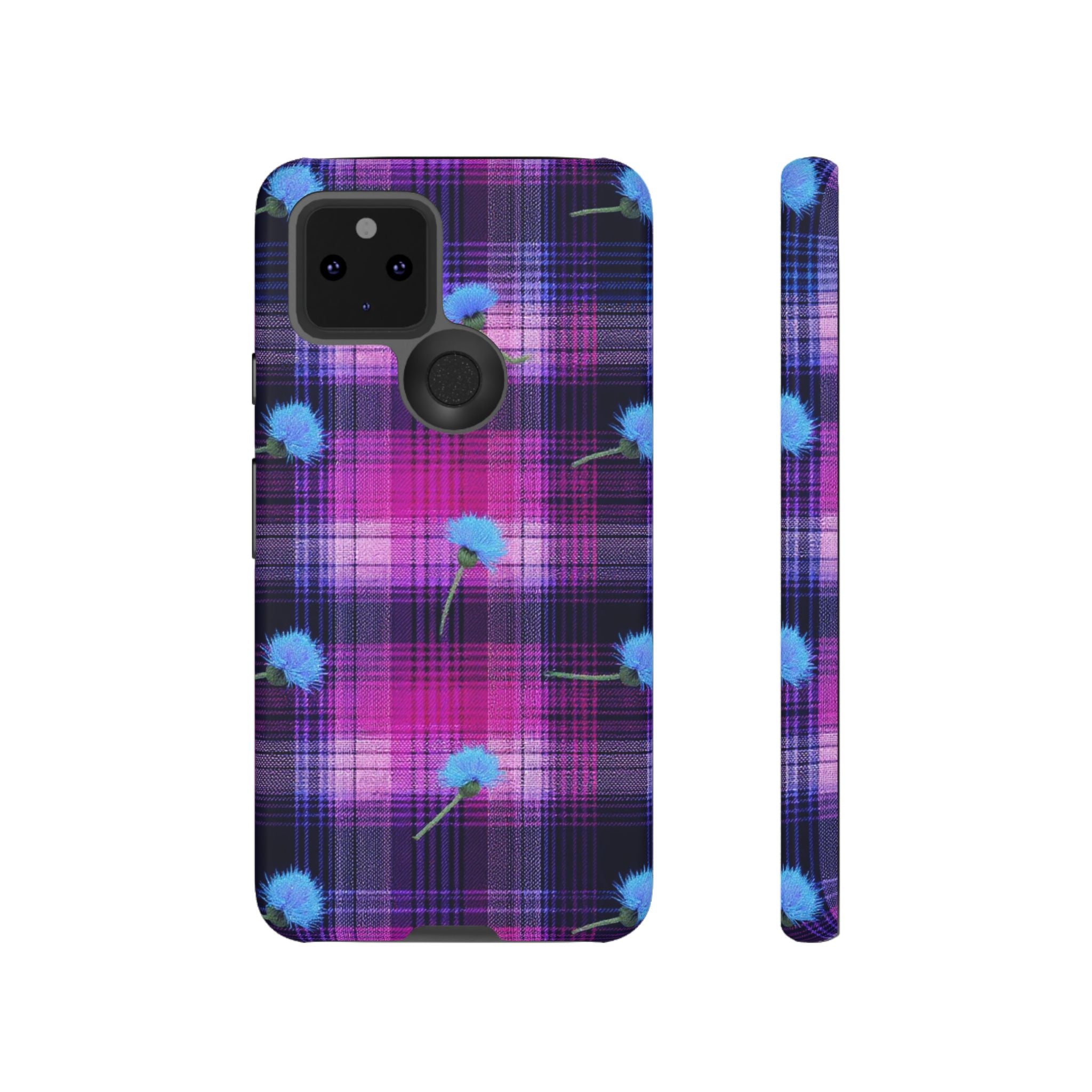 Purple Plaid Blue Thistle Tartan Phone Case — Floral Plaid Protective iPhone Cover
