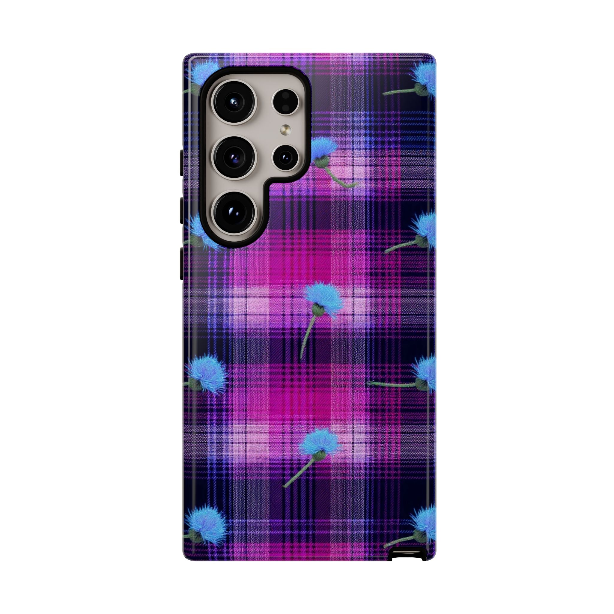 Purple Plaid Blue Thistle Tartan Phone Case — Floral Plaid Protective iPhone Cover