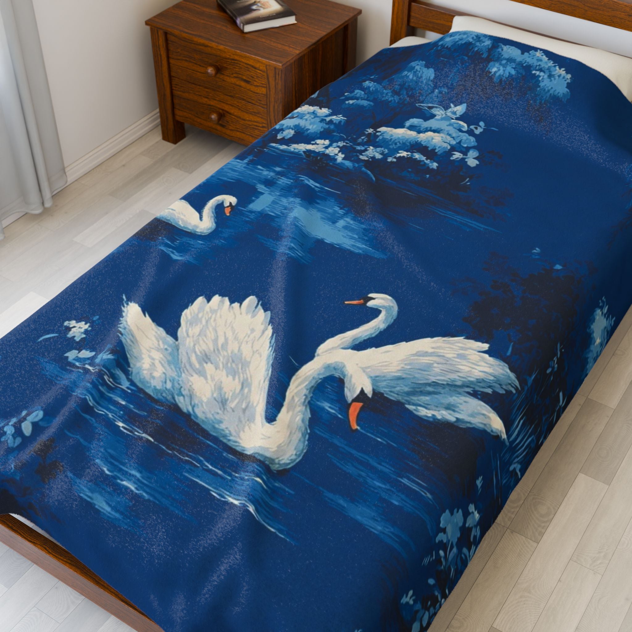 Swan Lake Velveteen Plush Blanket — Cozy Blue Swans Throw