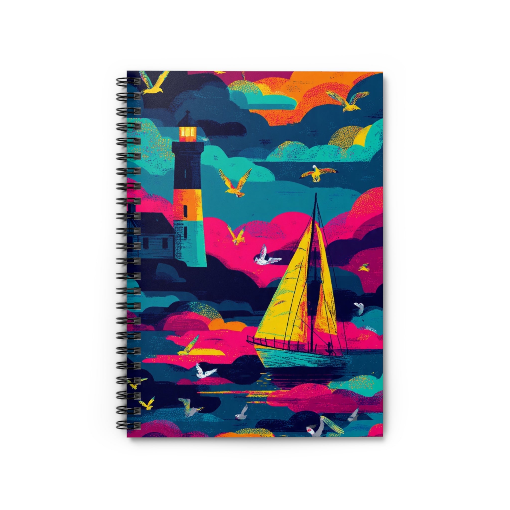 Sailboat & Lighthouse Spiral Notebook — Colorful Seaside Ruled Journal