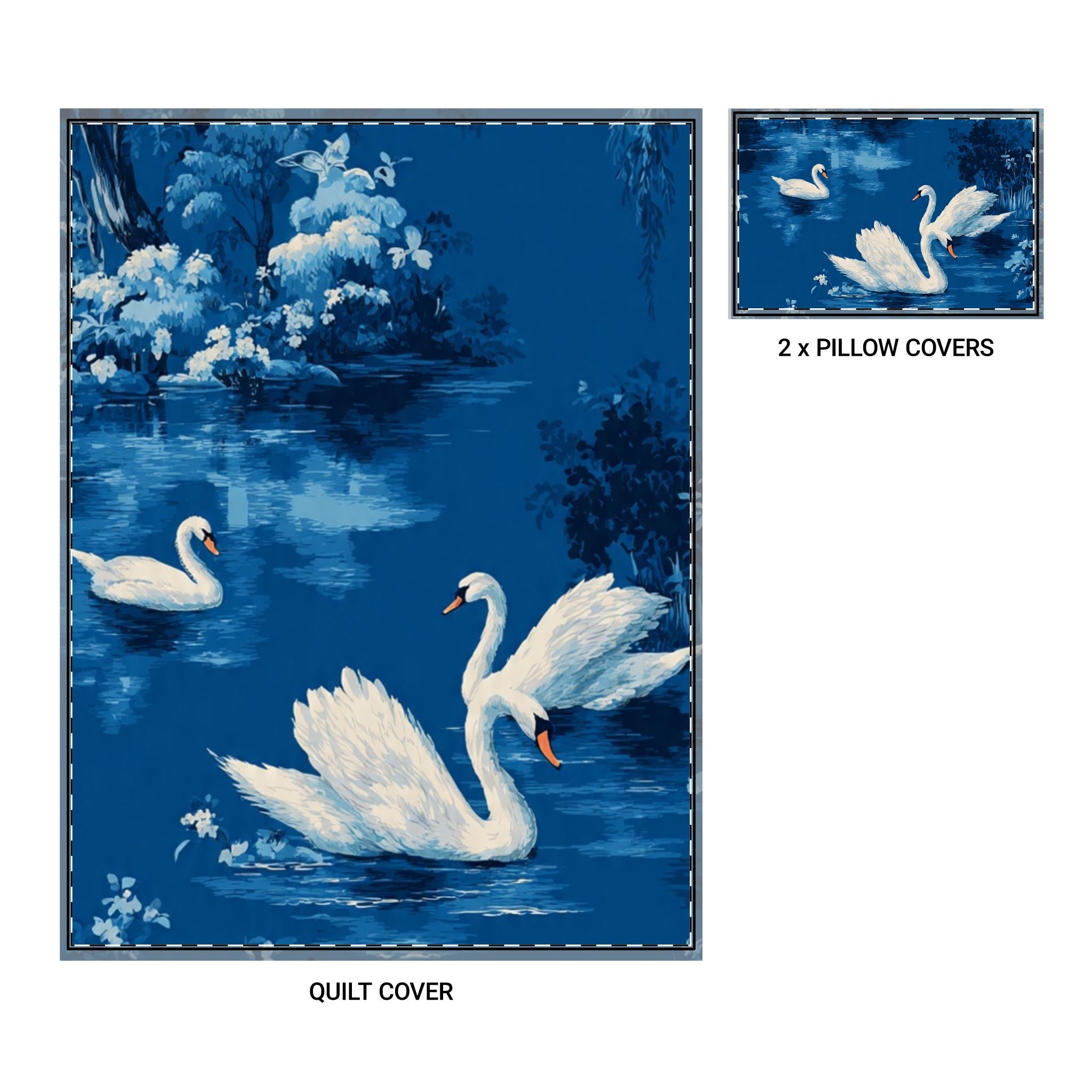 Swan Lake Quilt Cover Set — 3‑Piece Blue Duvet & Pillow Covers