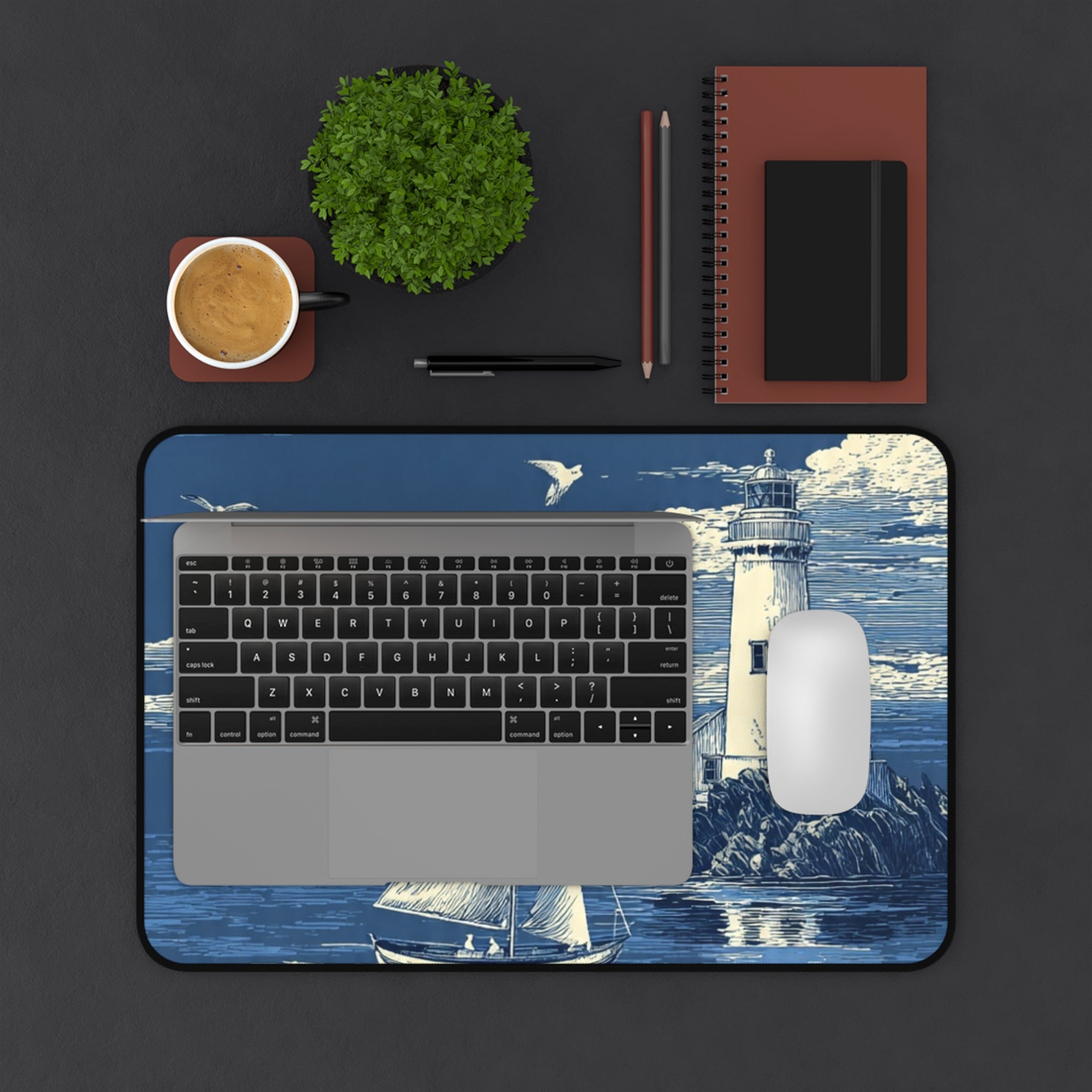 Nautical Lighthouse Sailboat Desk Mat — Ocean Coastal Mouse Pad