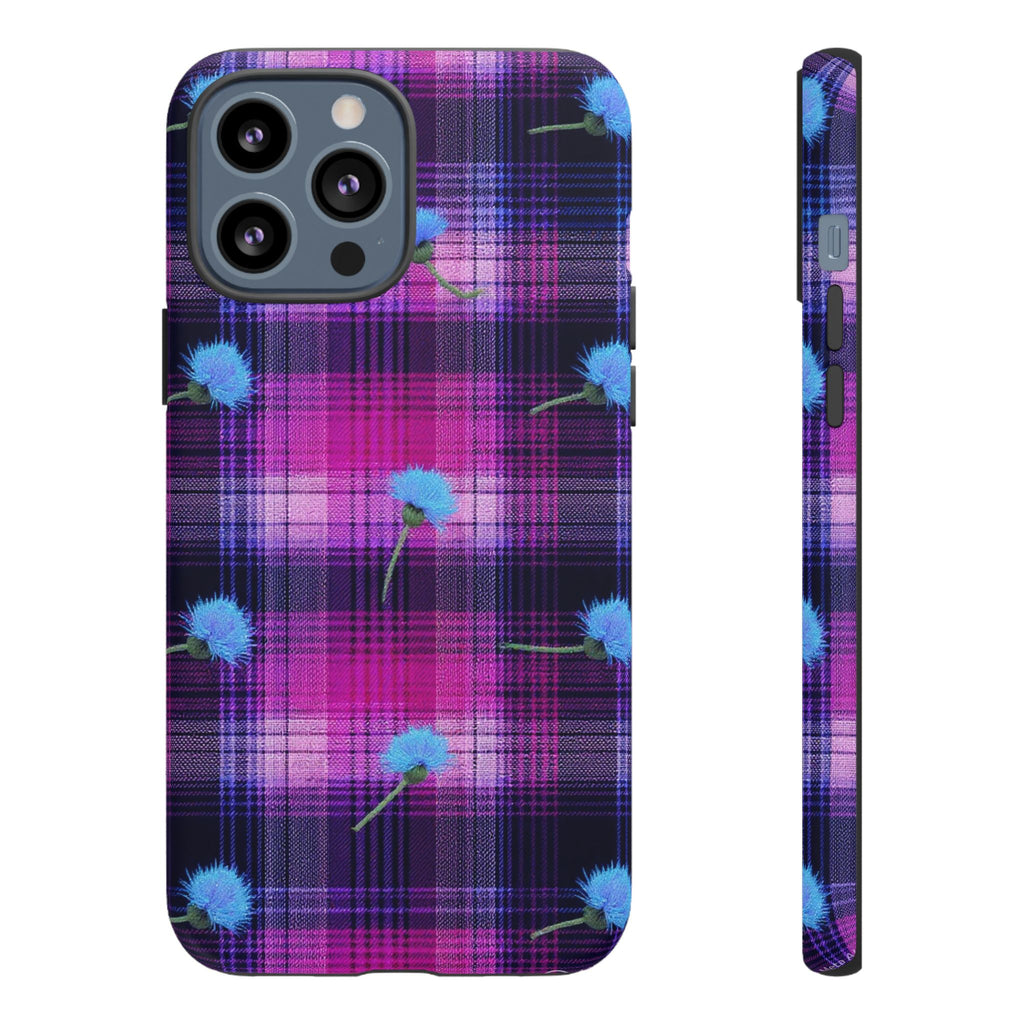 Purple Plaid Blue Thistle Tartan Phone Case — Floral Plaid Protective iPhone Cover