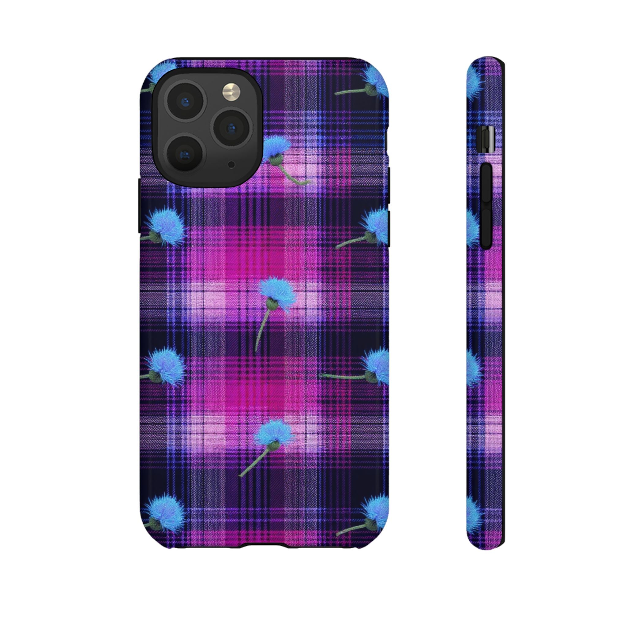 Purple Plaid Blue Thistle Tartan Phone Case — Floral Plaid Protective iPhone Cover