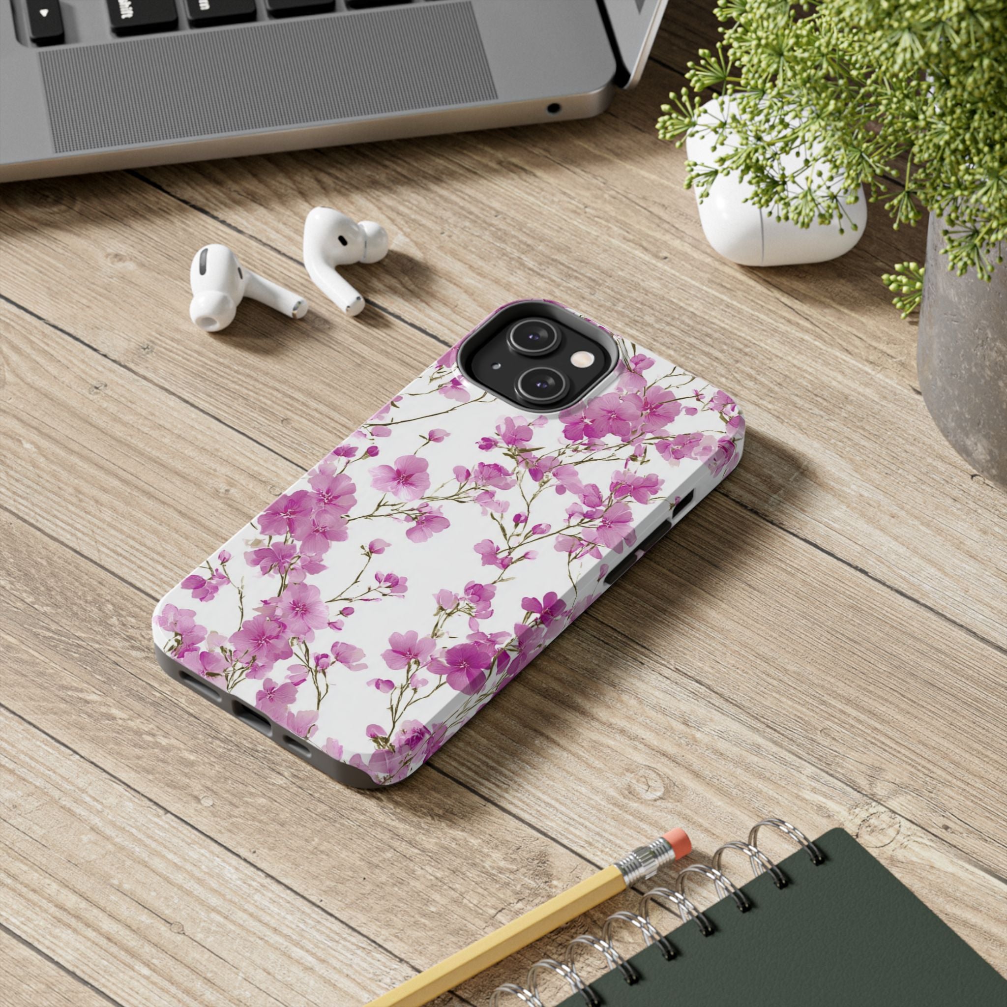 Floral Pink Blossoms Tough Phone Case — Durable Protective Phone Cover with Watercolor Cherry Blossom Design