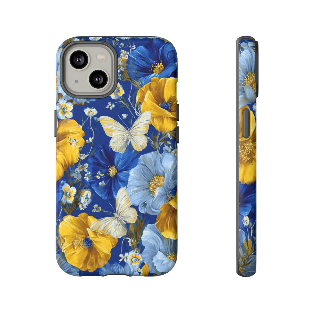Floral Butterflies Phone Case — Blue & Yellow Tough Protective Cover