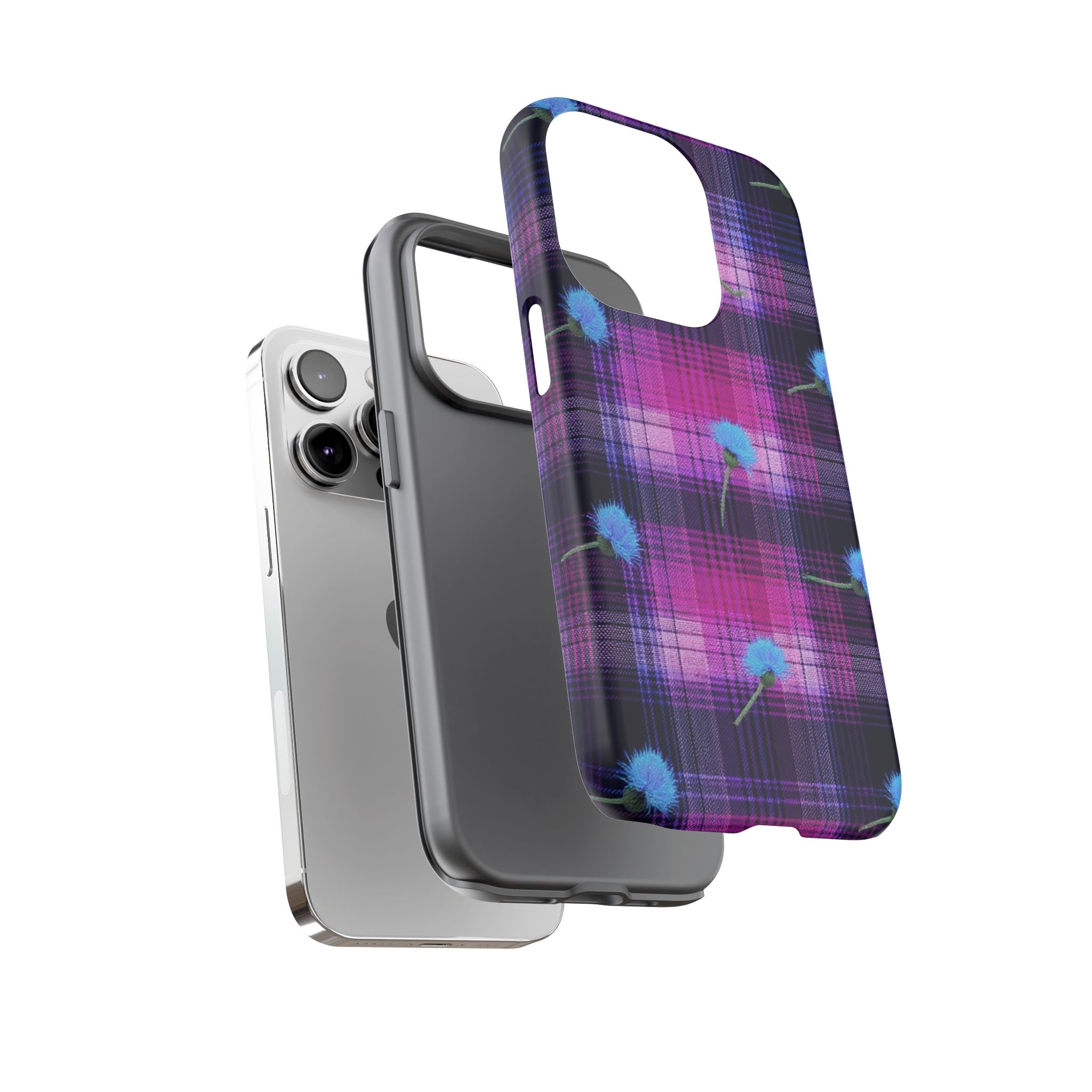 Purple Plaid Blue Thistle Tartan Phone Case — Floral Plaid Protective iPhone Cover