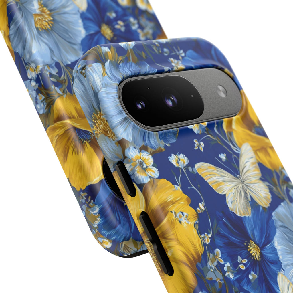 Floral Butterflies Phone Case — Blue & Yellow Tough Protective Cover