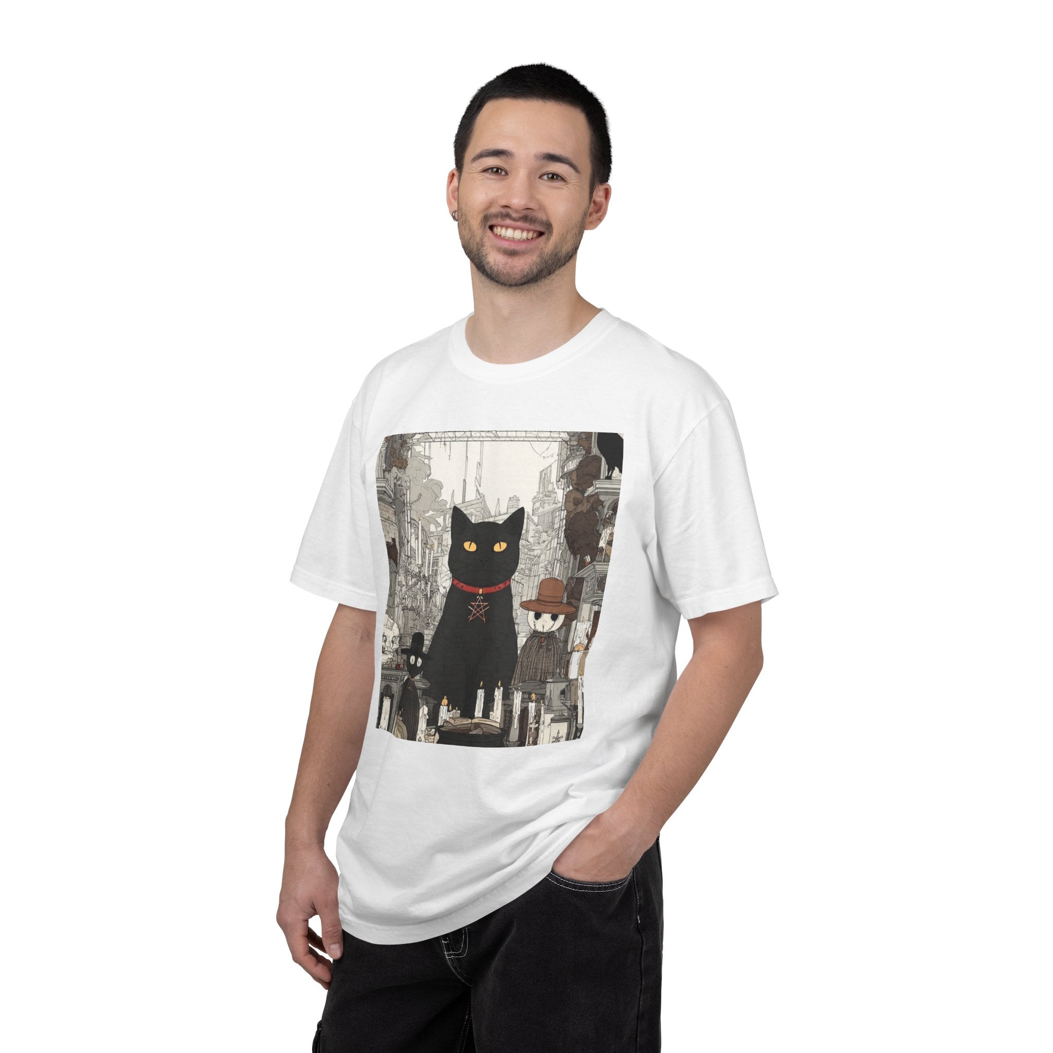Black Cat Cityscape T-Shirt — Vintage Urban Cat Illustration
