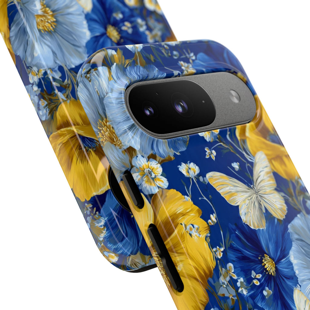 Floral Butterflies Phone Case — Blue & Yellow Tough Protective Cover