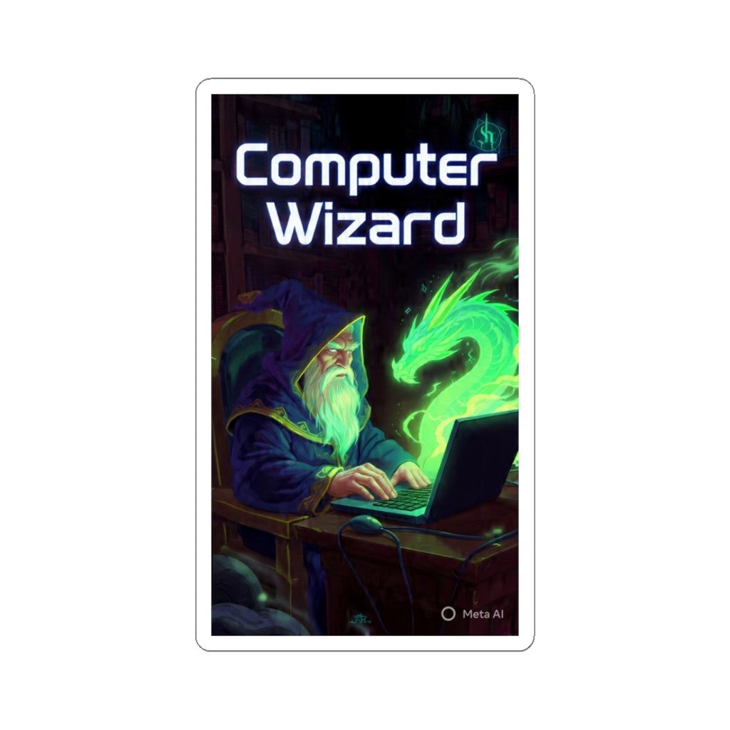 Computer Wizard Sticker — Fantasy Mage Laptop Kiss-Cut Sticker