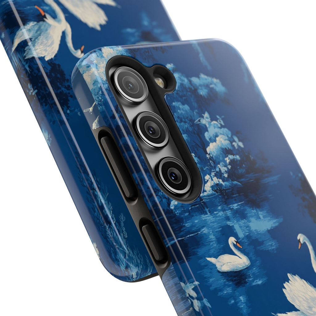 Swan Lake Tough Phone Case — Blue Vintage Swan Design, Durable Protective Cover