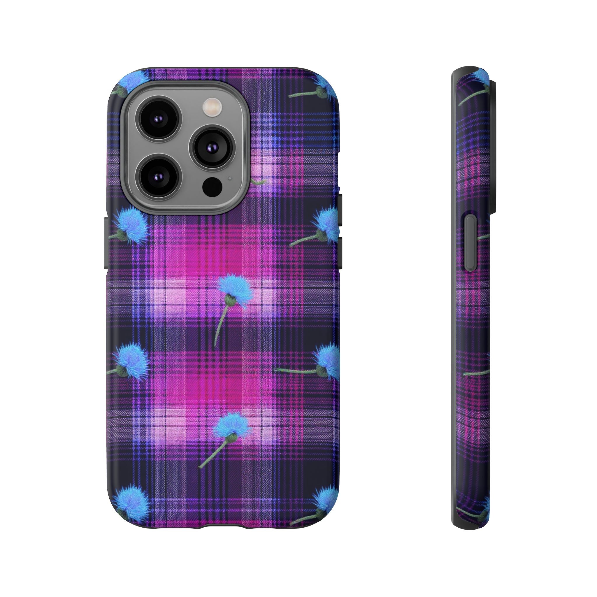 Purple Plaid Blue Thistle Tartan Phone Case — Floral Plaid Protective iPhone Cover