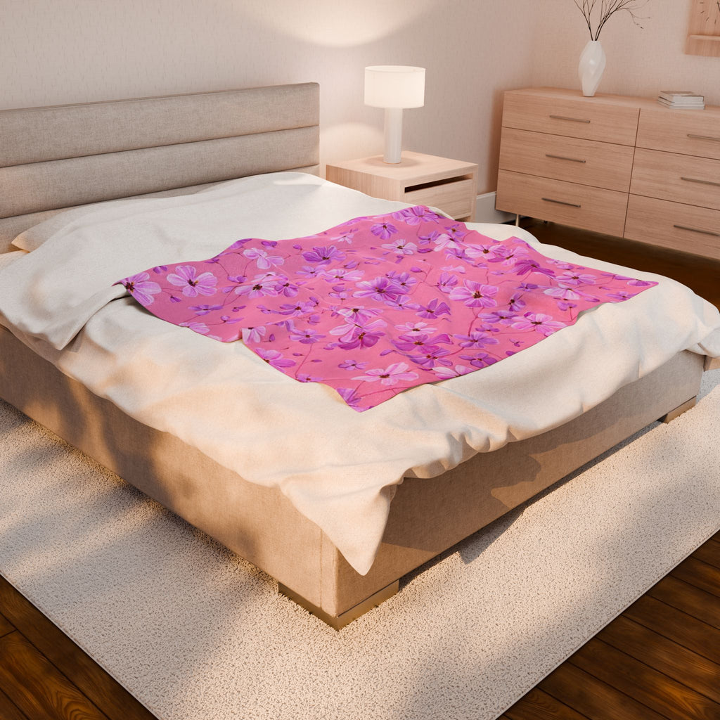 Pink Floral Velveteen Plush Blanket — Soft Cherry Blossom Throw