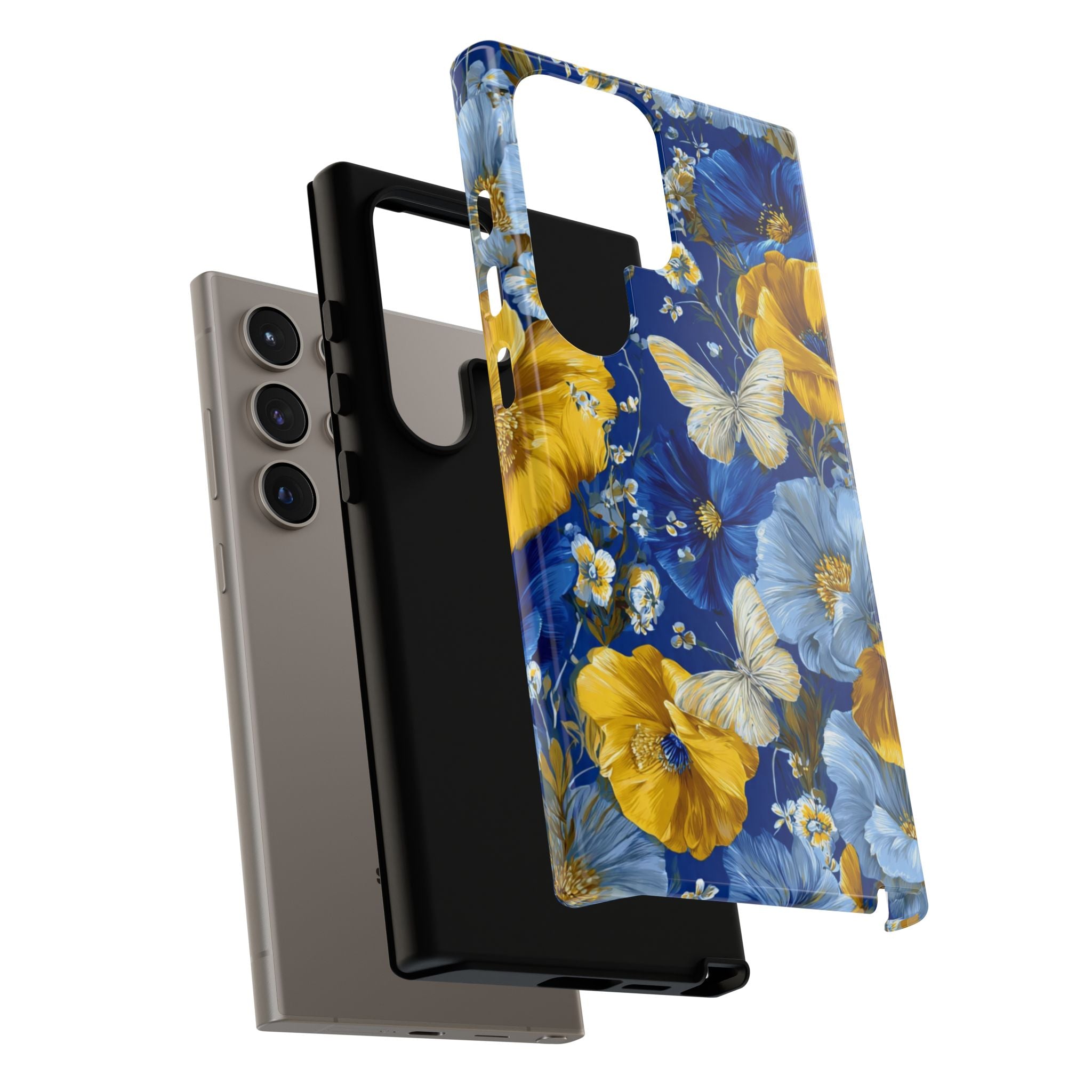 Floral Butterflies Phone Case — Blue & Yellow Tough Protective Cover