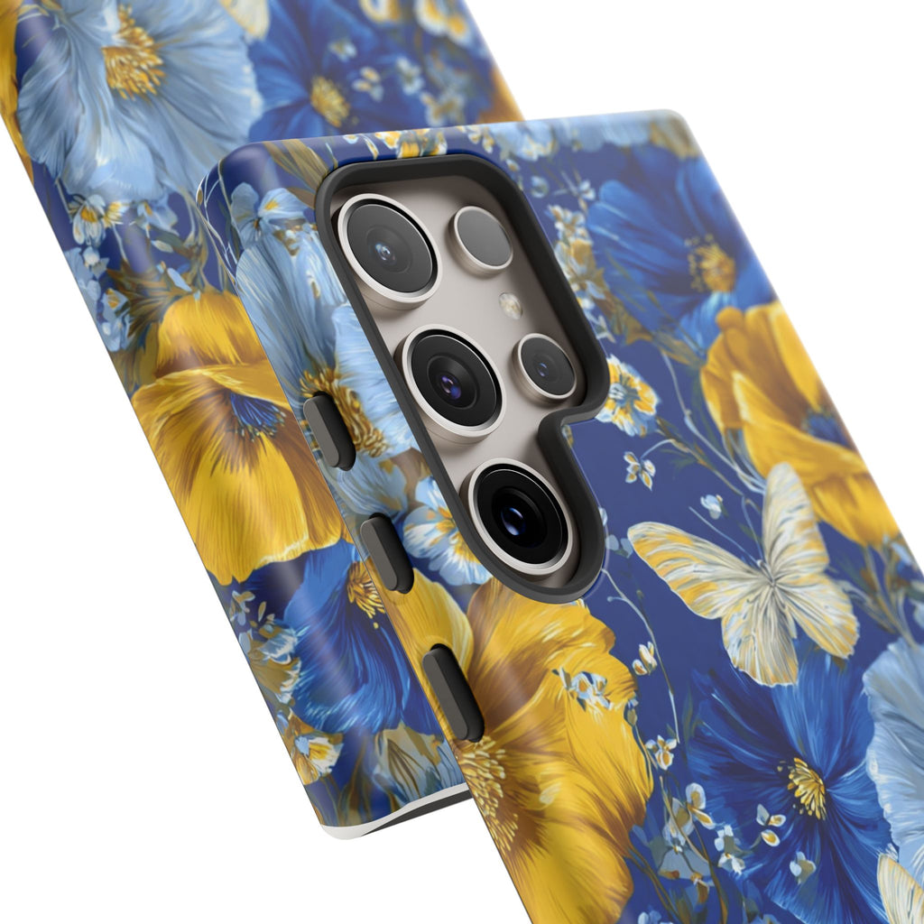 Floral Butterflies Phone Case — Blue & Yellow Tough Protective Cover