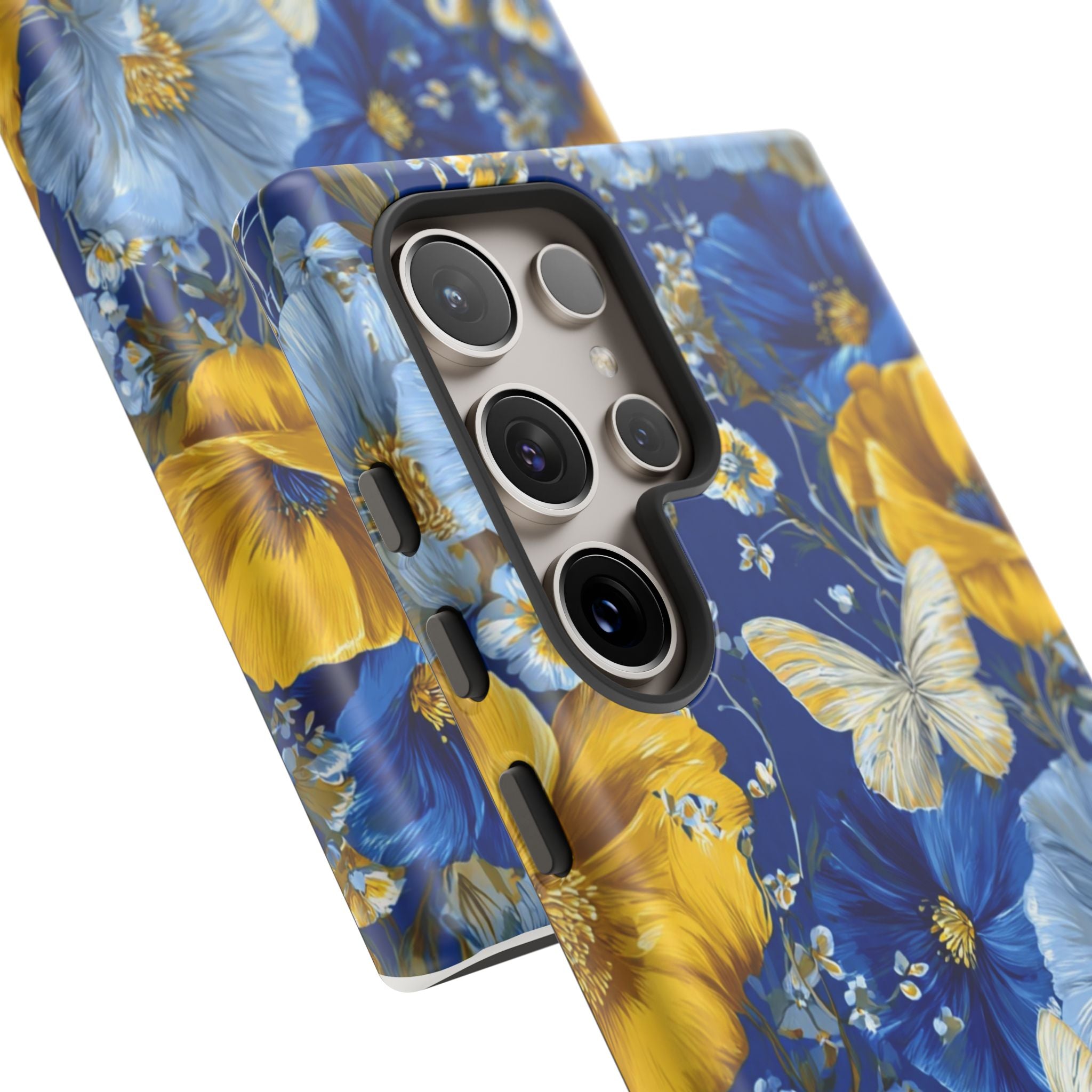 Floral Butterflies Phone Case — Blue & Yellow Tough Protective Cover