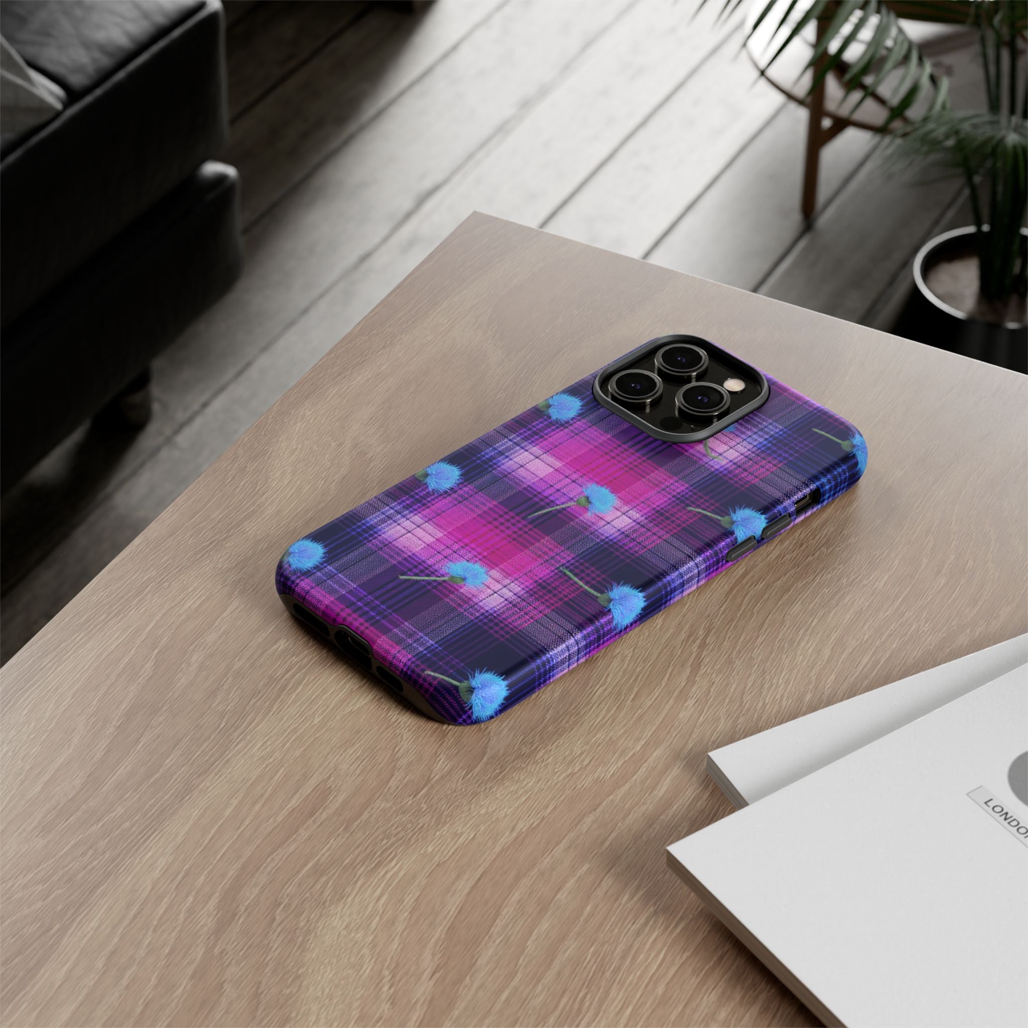 Purple Plaid Blue Thistle Tartan Phone Case — Floral Plaid Protective iPhone Cover