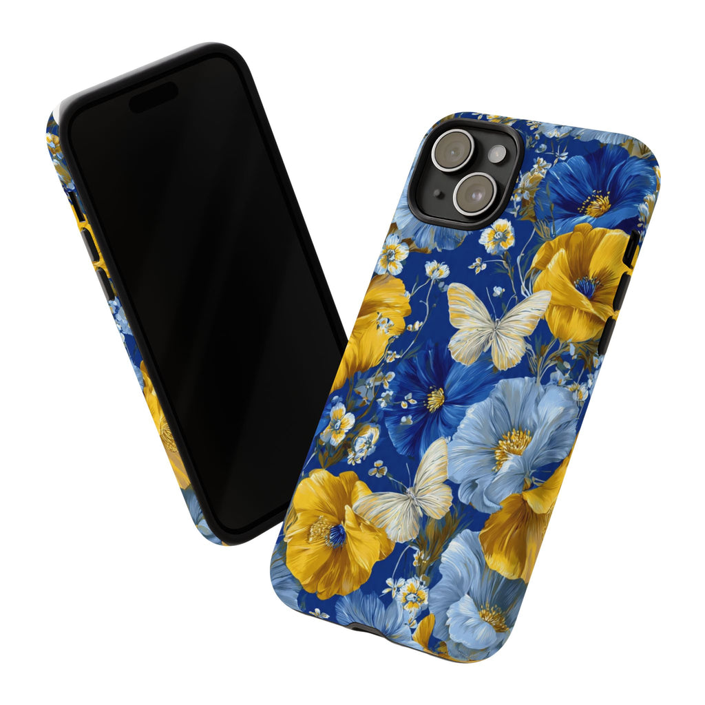 Floral Butterflies Phone Case — Blue & Yellow Tough Protective Cover