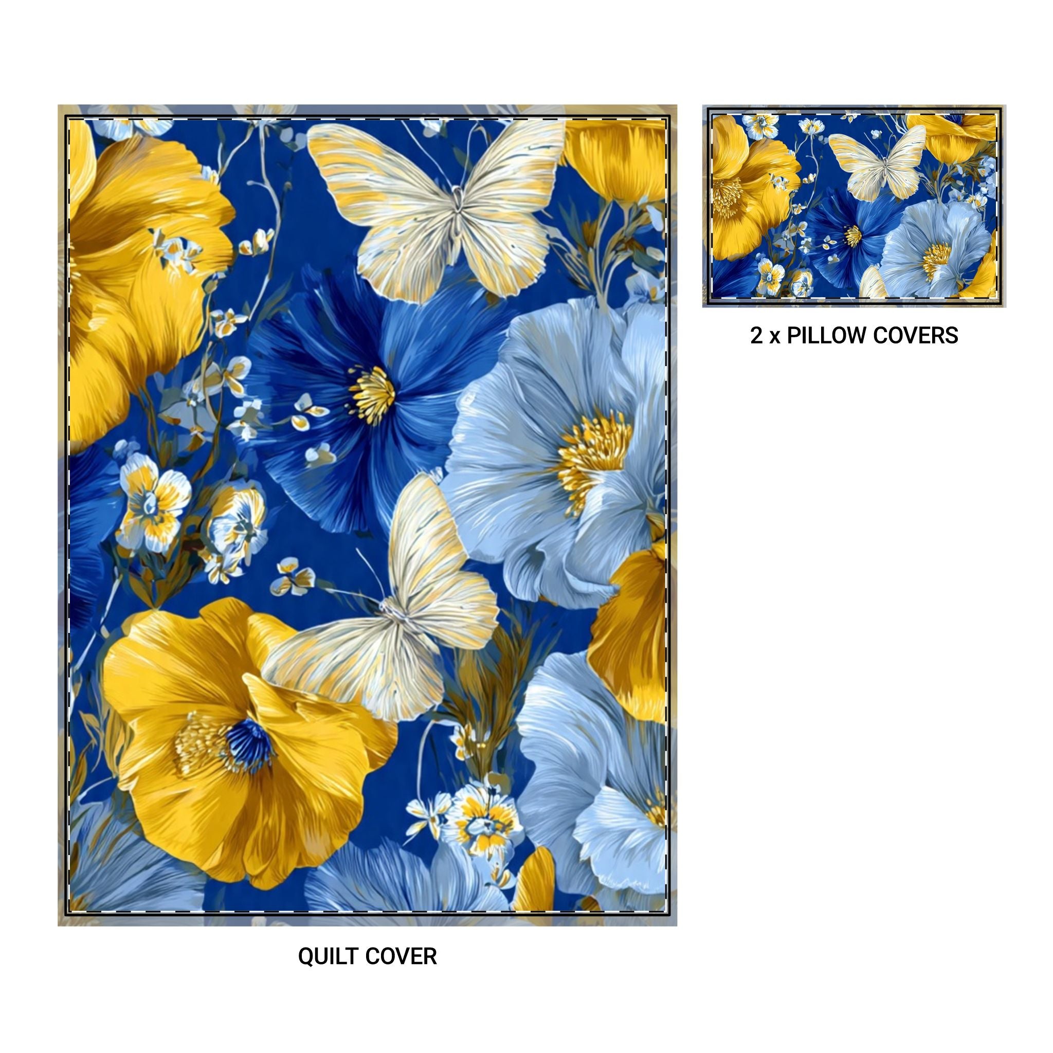 Floral Butterfly Quilt Cover Set – Blue & Yellow 3-Piece Bedding