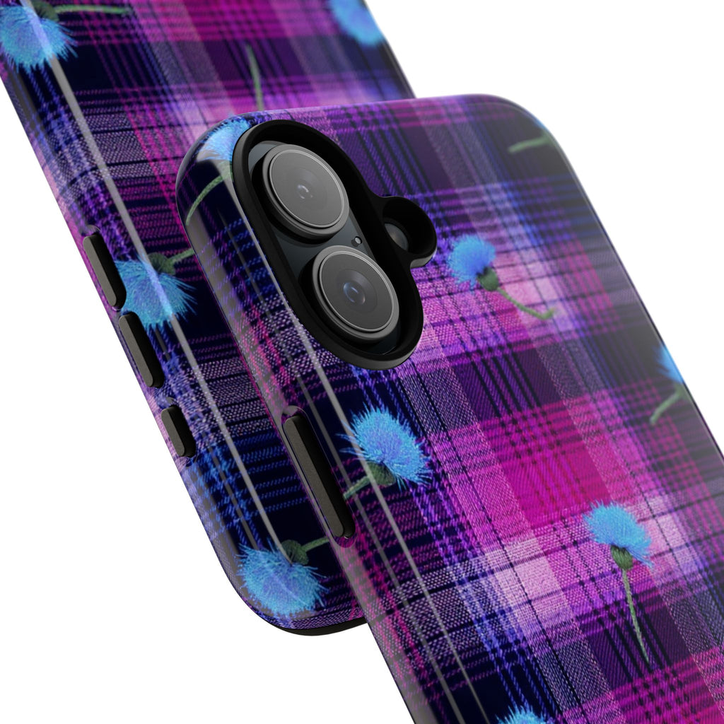 Purple Plaid Blue Thistle Tartan Phone Case — Floral Plaid Protective iPhone Cover
