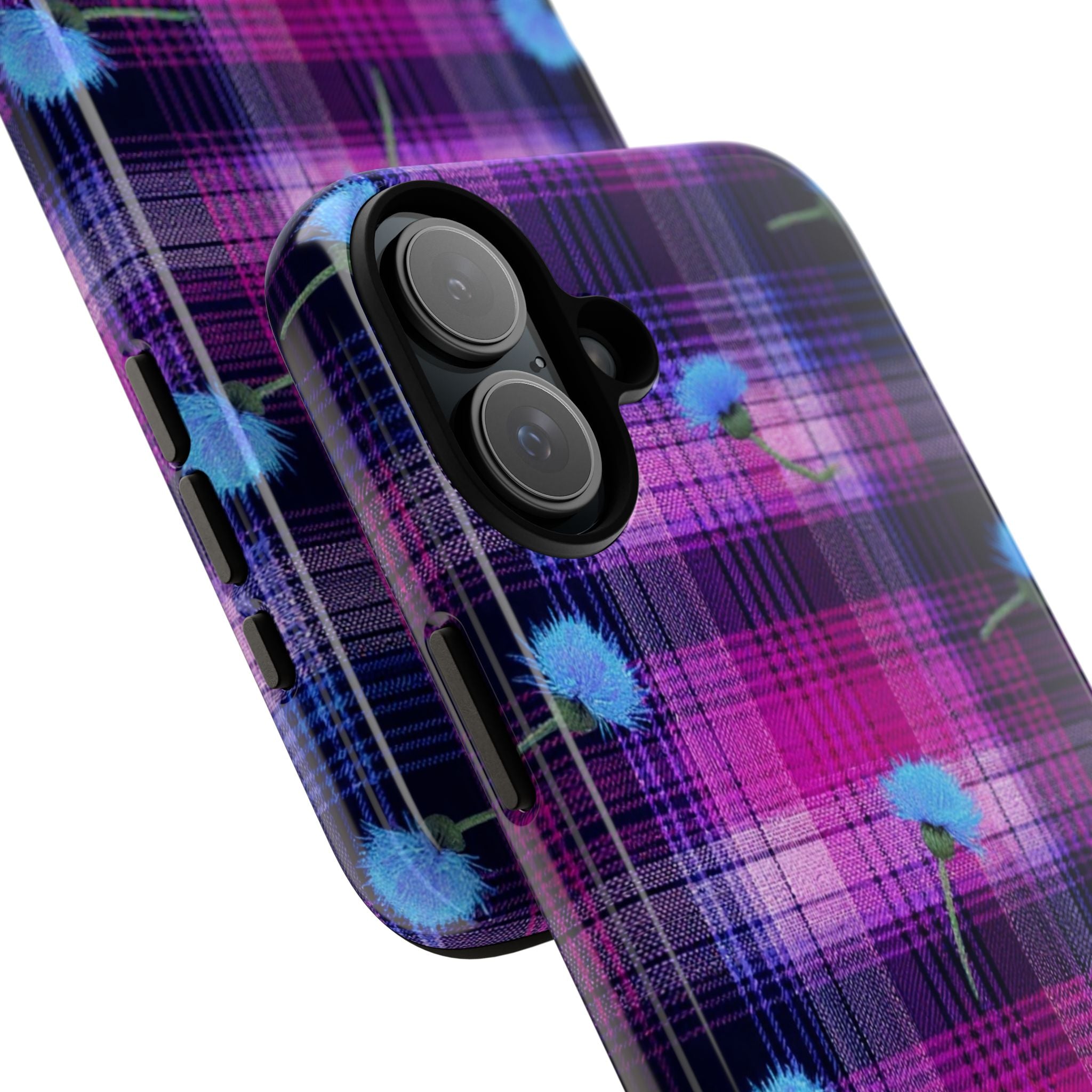 Purple Plaid Blue Thistle Tartan Phone Case — Floral Plaid Protective iPhone Cover