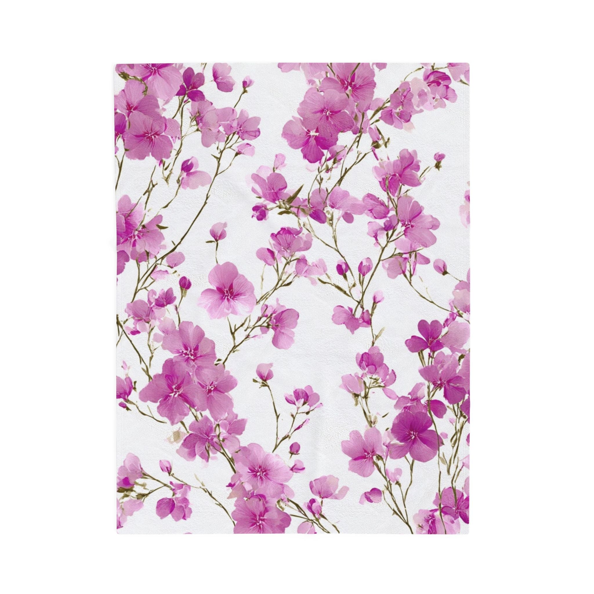 Velveteen Plush Blanket — Pink Cherry Blossom Floral Throw, Soft Cozy Bed & Couch Accent