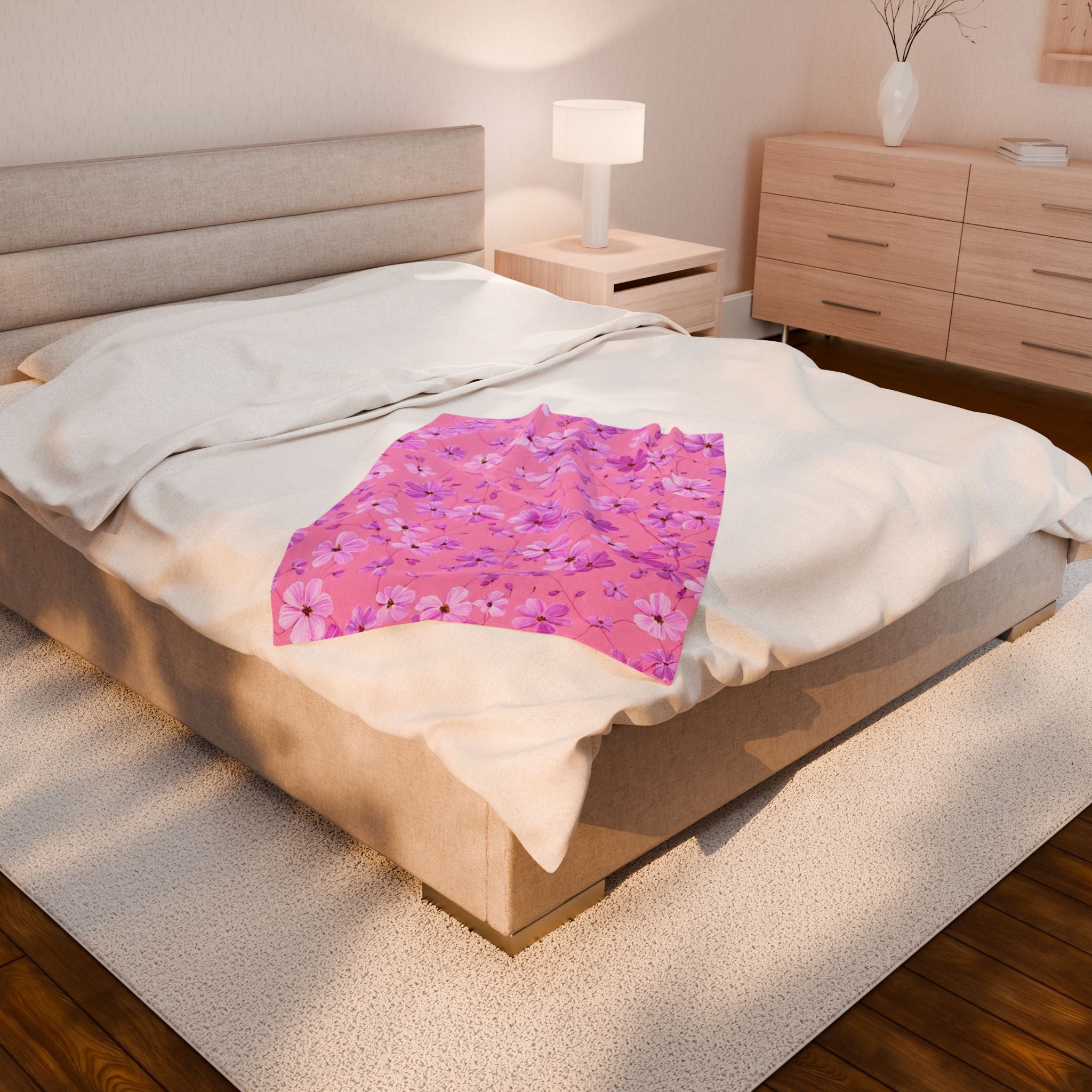 Pink Floral Velveteen Plush Blanket — Soft Cherry Blossom Throw
