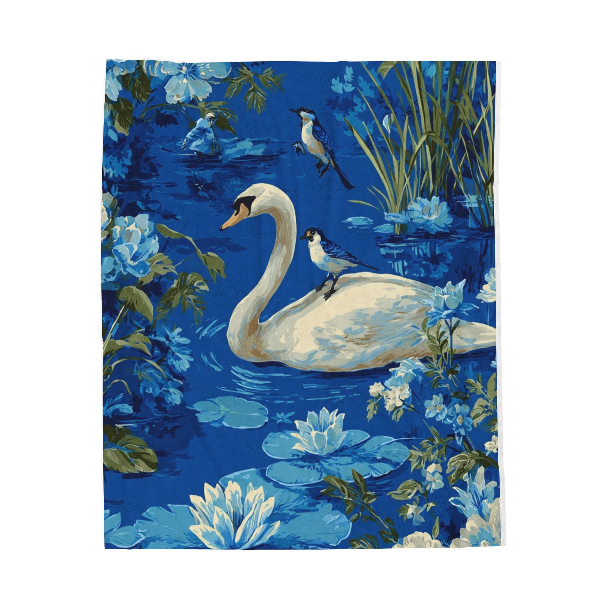 Swan Pond Velveteen Plush Blanket — Blue Floral Swans Cozy Throw