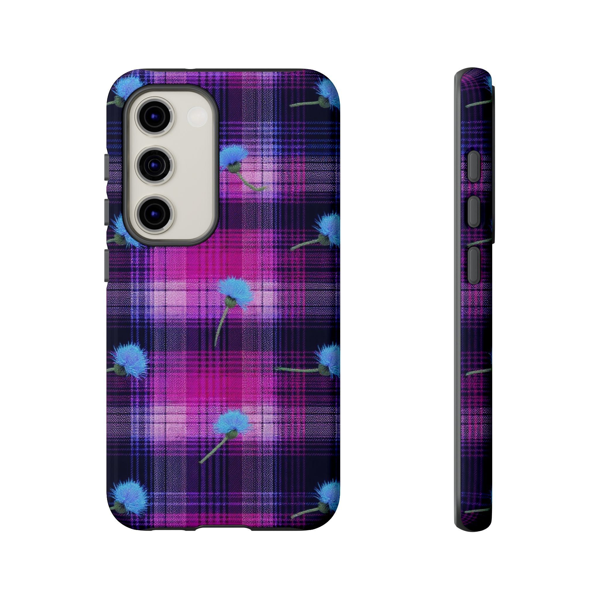 Purple Plaid Blue Thistle Tartan Phone Case — Floral Plaid Protective iPhone Cover