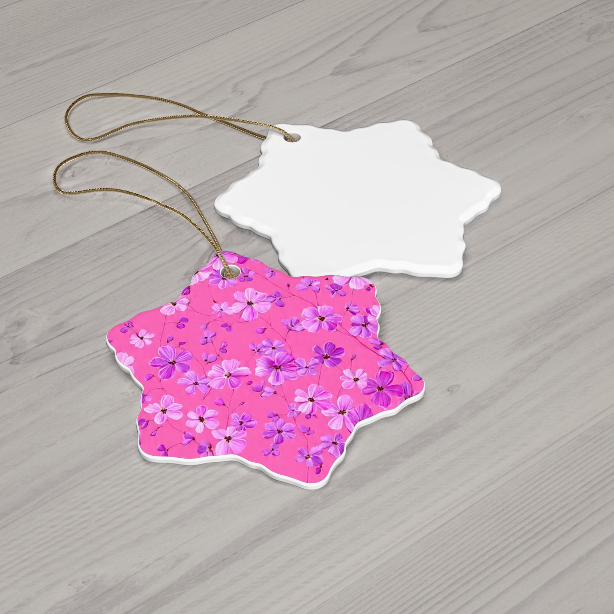 Floral Pink Star Ceramic Ornament — Flower Pattern Holiday Decoration