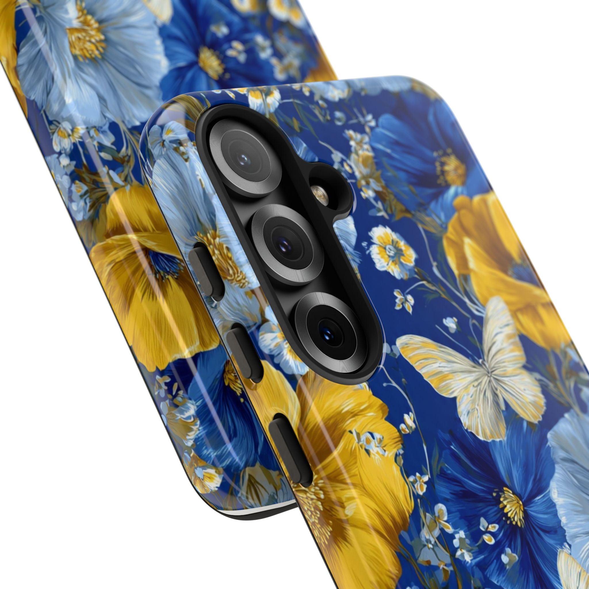 Floral Butterflies Phone Case — Blue & Yellow Tough Protective Cover