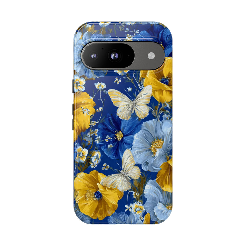 Floral Butterflies Phone Case — Blue & Yellow Tough Protective Cover