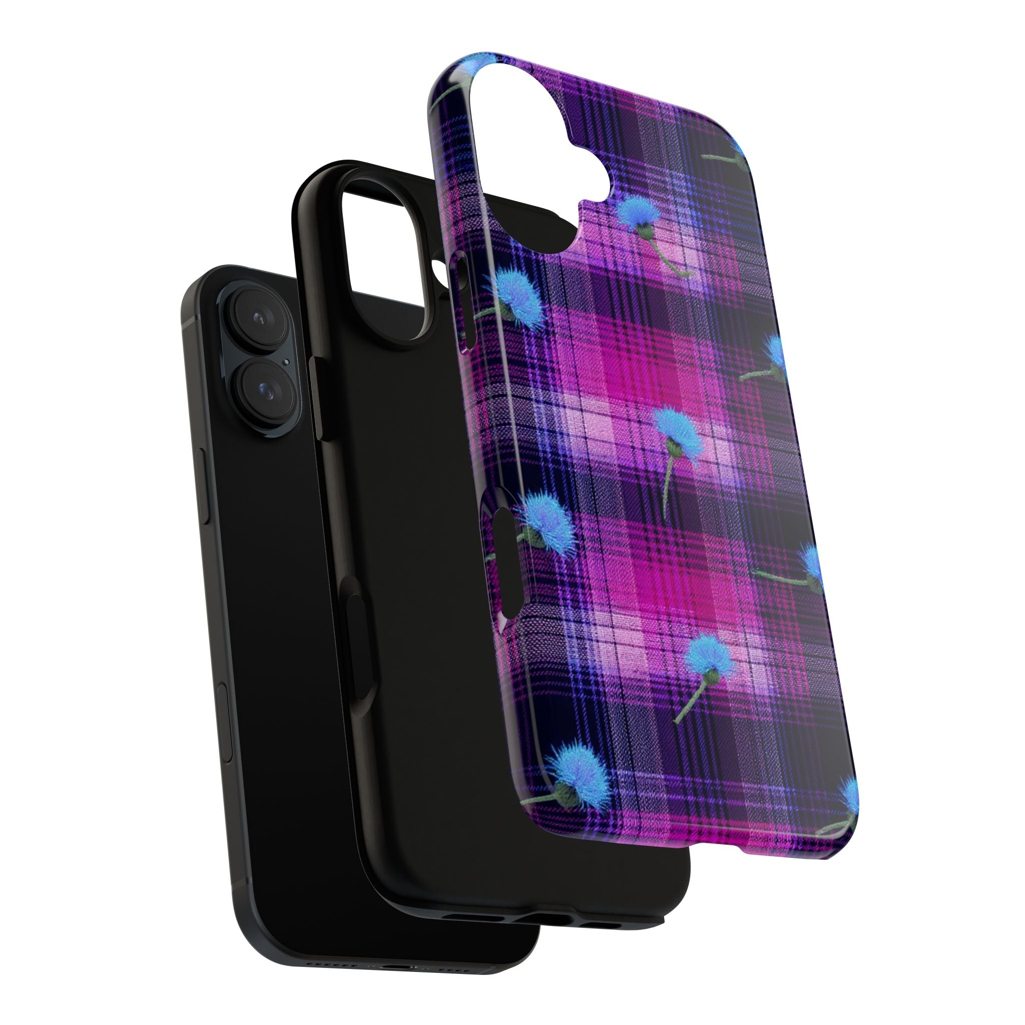 Purple Plaid Blue Thistle Tartan Phone Case — Floral Plaid Protective iPhone Cover