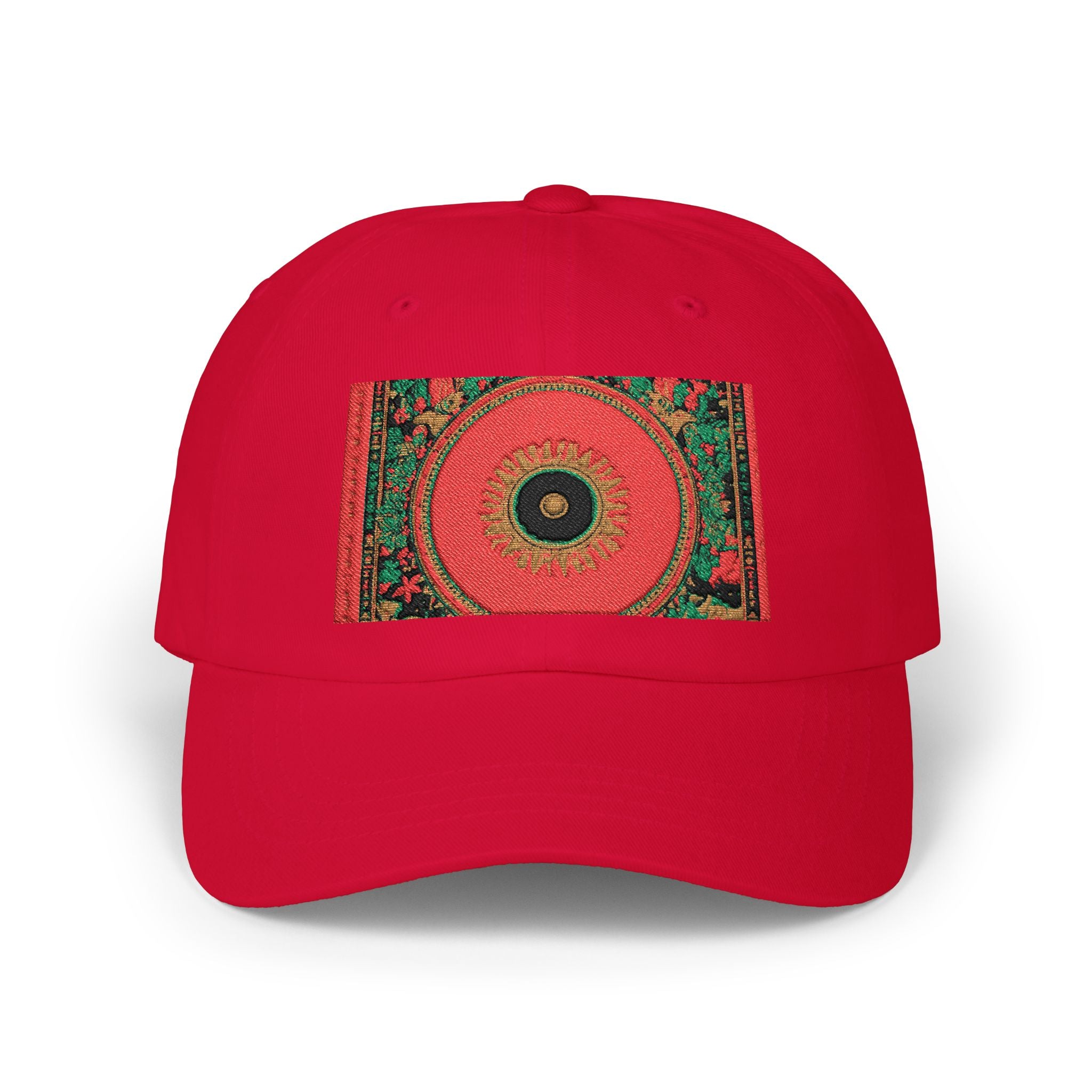 Floral Mandala Dad Cap - Vibrant Red Garden Circle Embroidered Hat