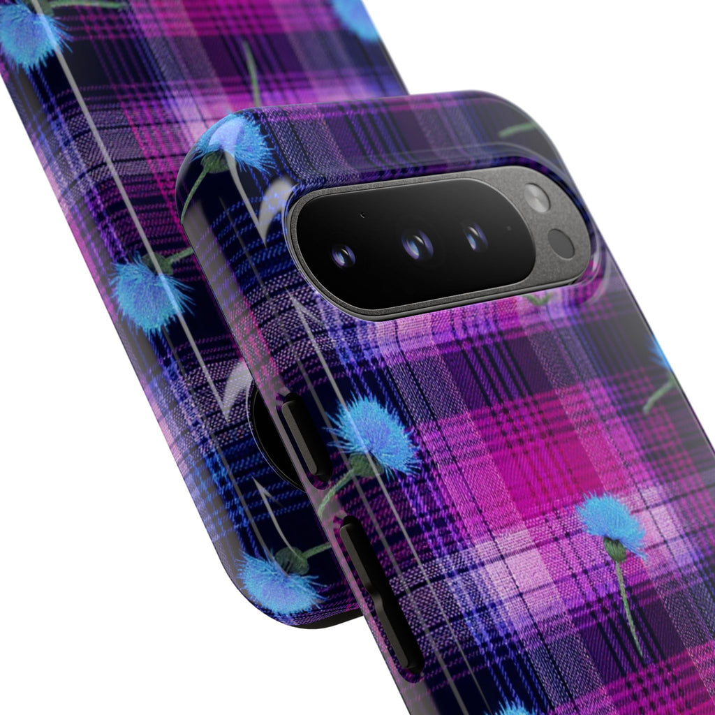 Purple Plaid Blue Thistle Tartan Phone Case — Floral Plaid Protective iPhone Cover