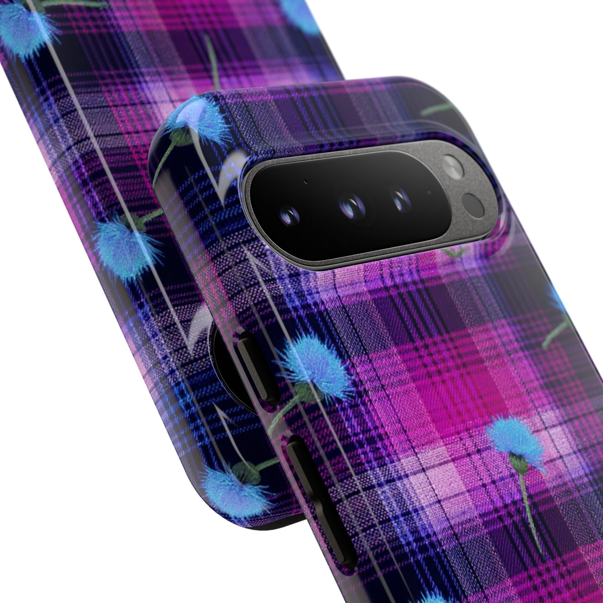 Purple Plaid Blue Thistle Tartan Phone Case — Floral Plaid Protective iPhone Cover