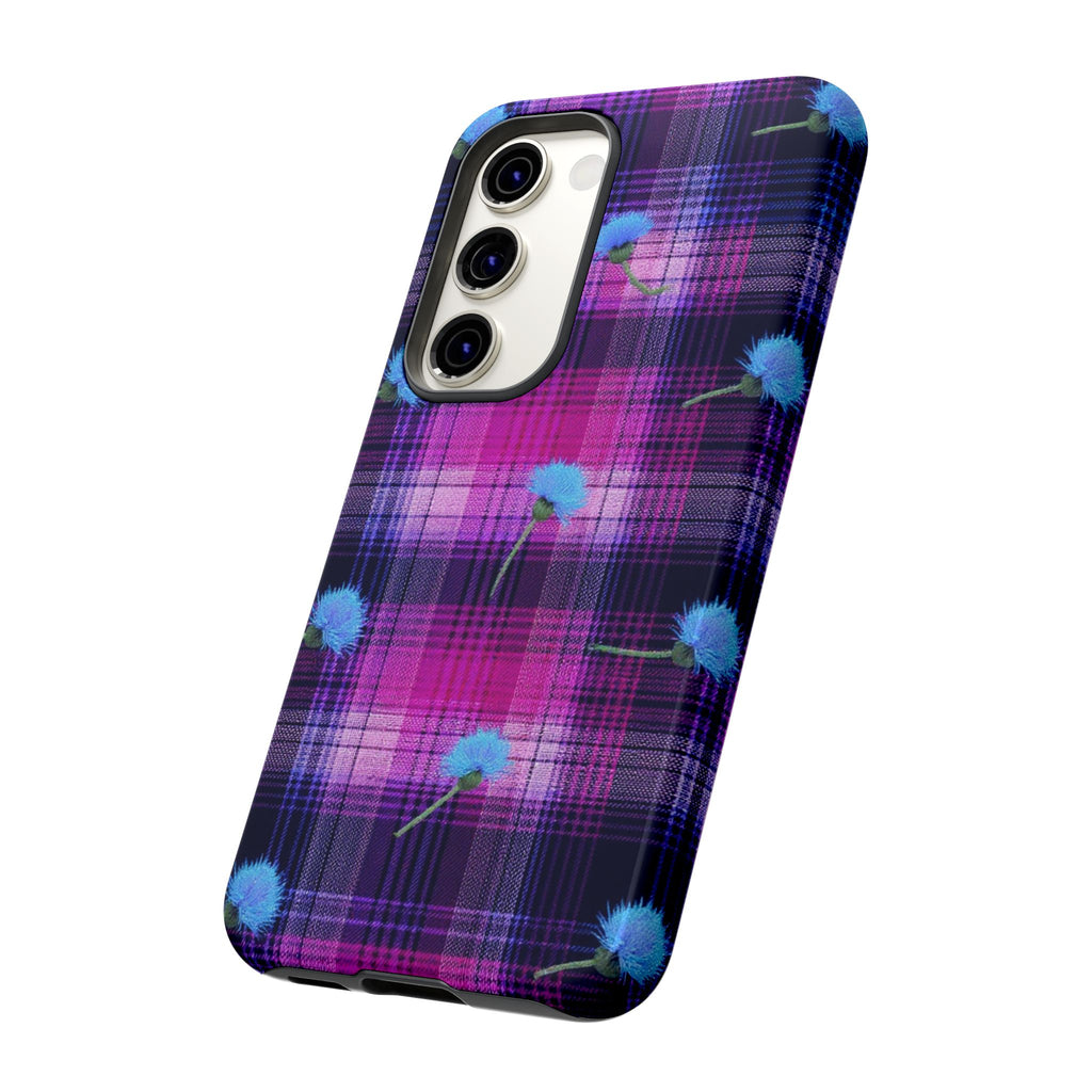 Purple Plaid Blue Thistle Tartan Phone Case — Floral Plaid Protective iPhone Cover