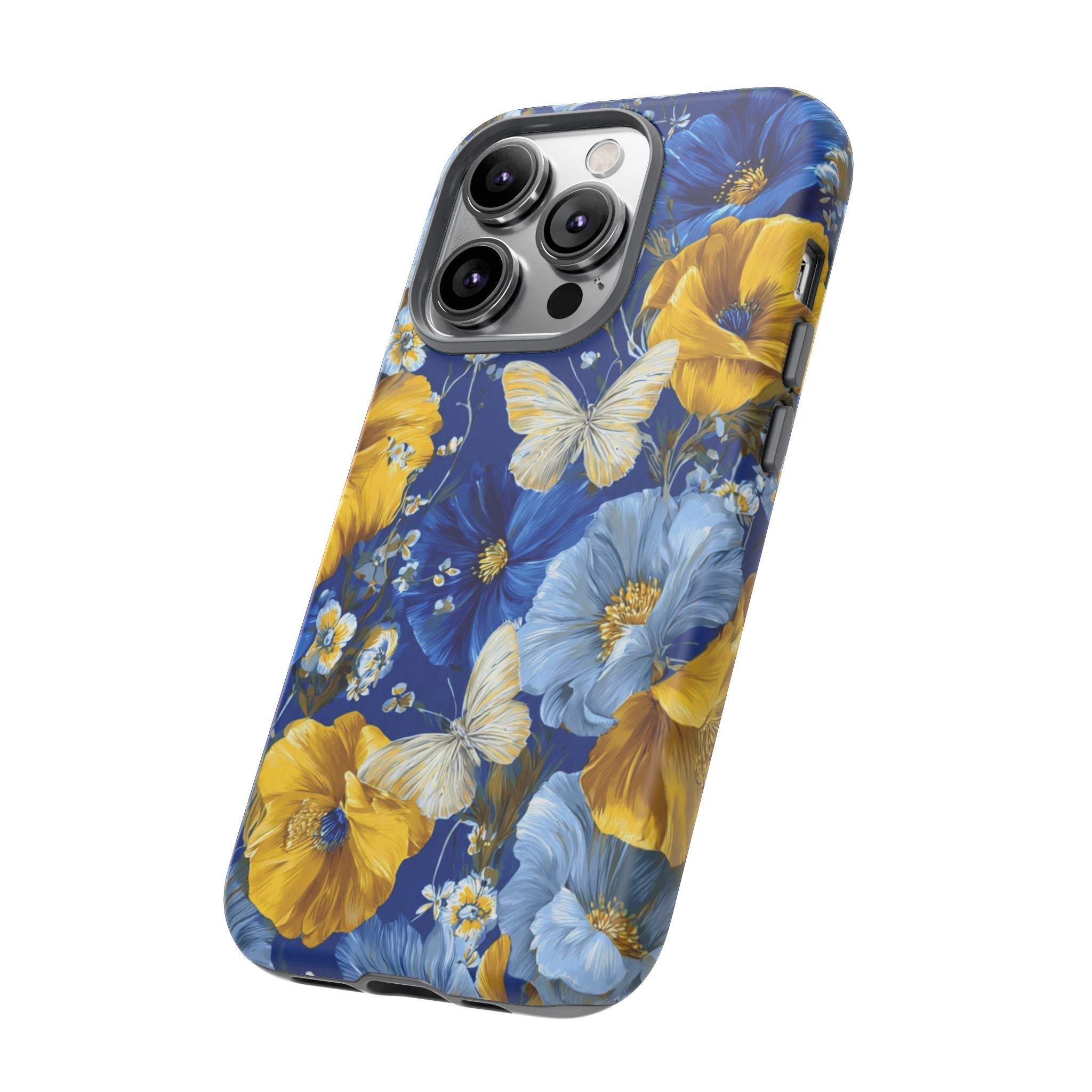 Floral Butterflies Phone Case — Blue & Yellow Tough Protective Cover